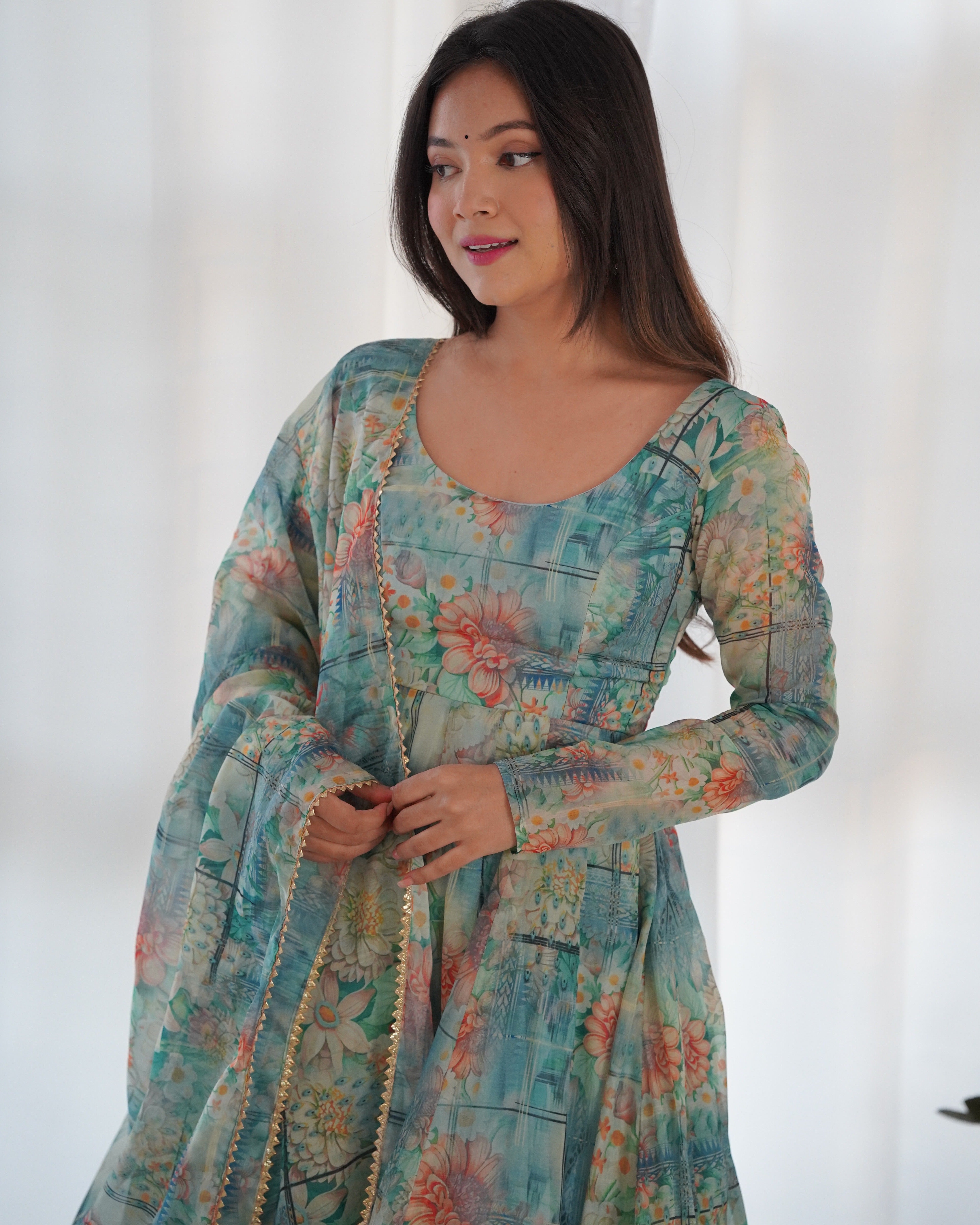 Georgette Multi Flower Print Stitched Anarkali Gown Kurta With Duppta Set.