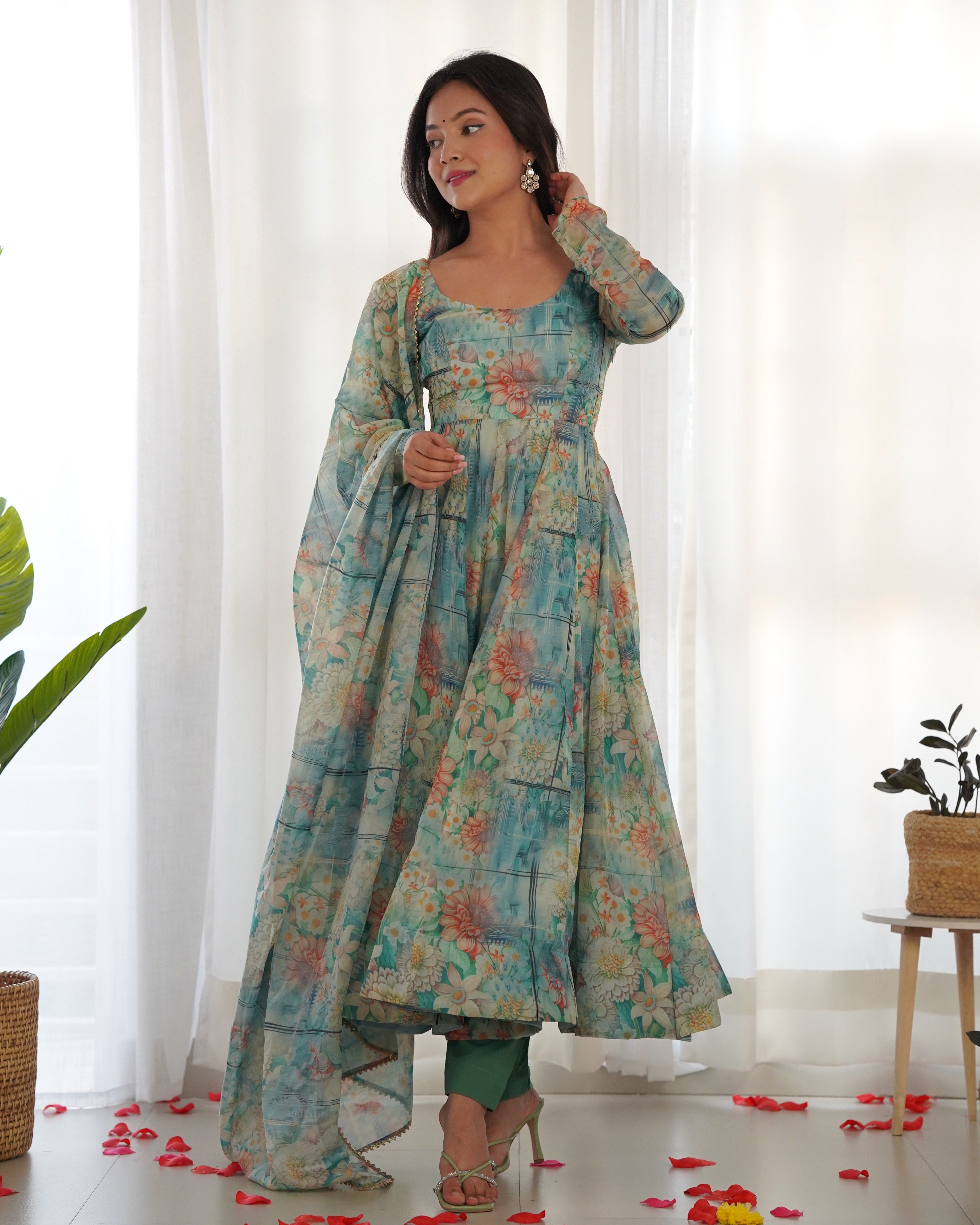 Georgette Multi Flower Print Stitched Anarkali Gown Kurta With Duppta Set.