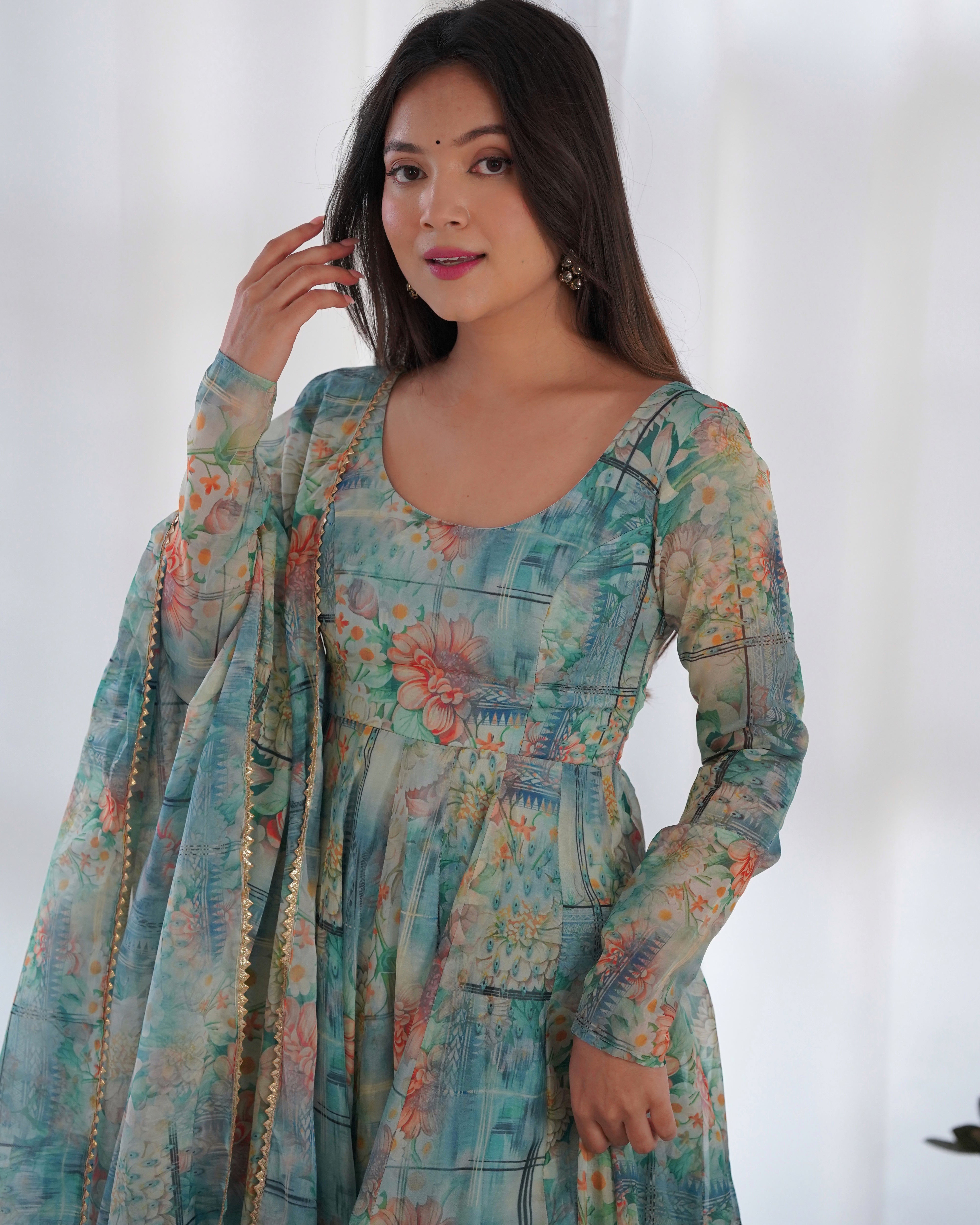 Colorful Lightweight Pure Soft Organza Silk Fully Flair Kali Pattern Anarkali with Dupatta & Pant Set