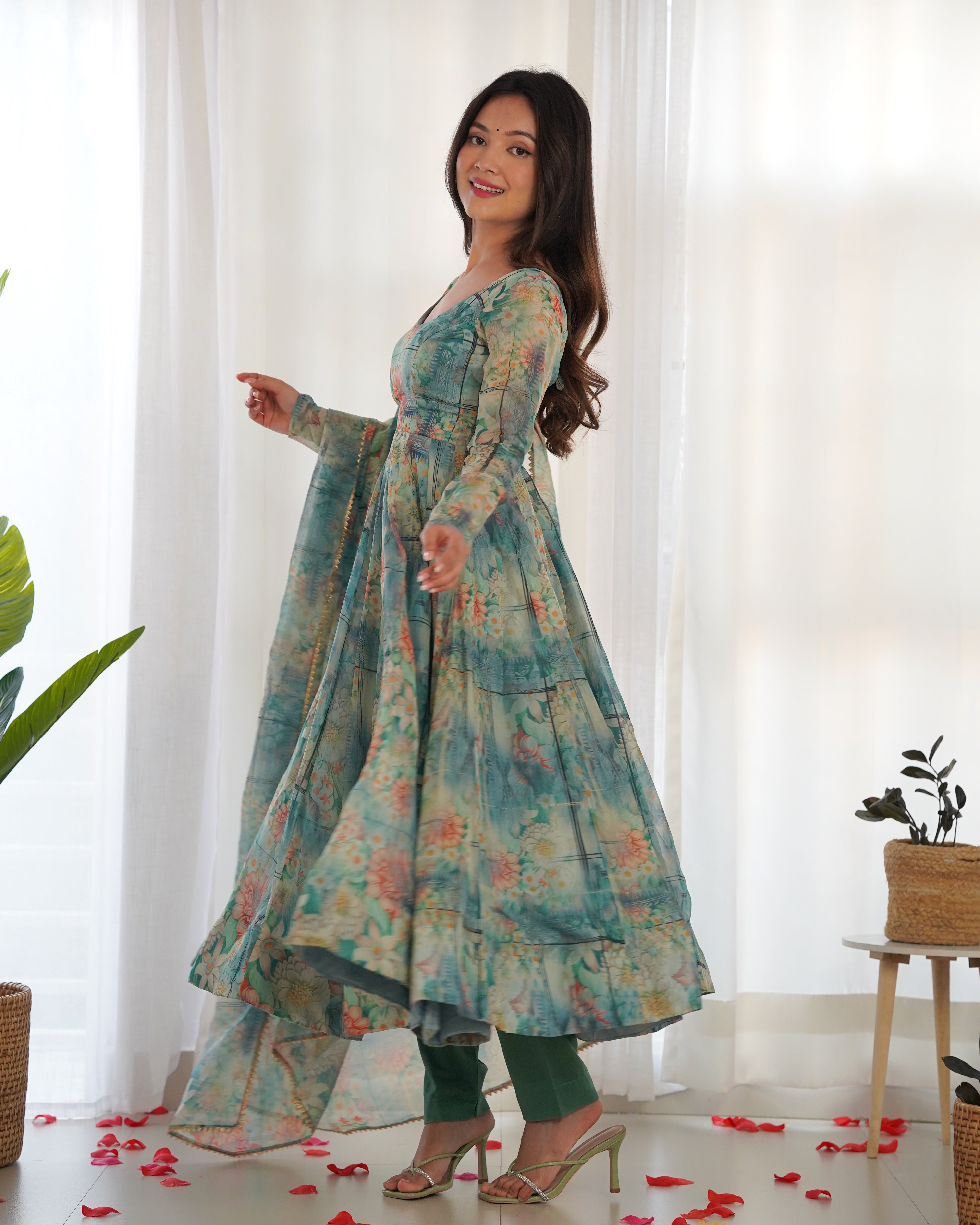 Colorful Lightweight Pure Soft Organza Silk Fully Flair Kali Pattern Anarkali with Dupatta & Pant Set