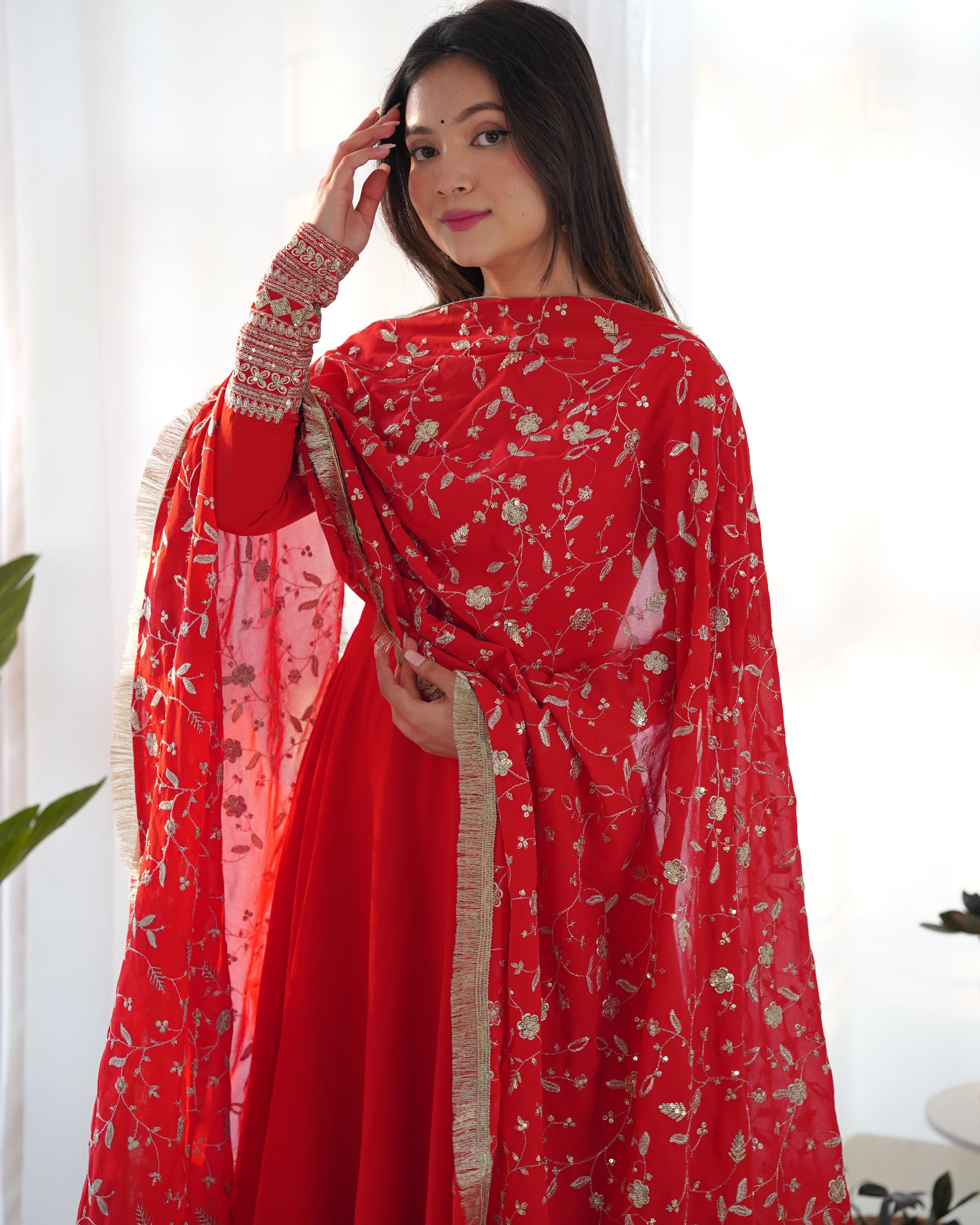 Colorful & Fresh Red Georgette Anarkali Gown with Dupatta & Pant Set.