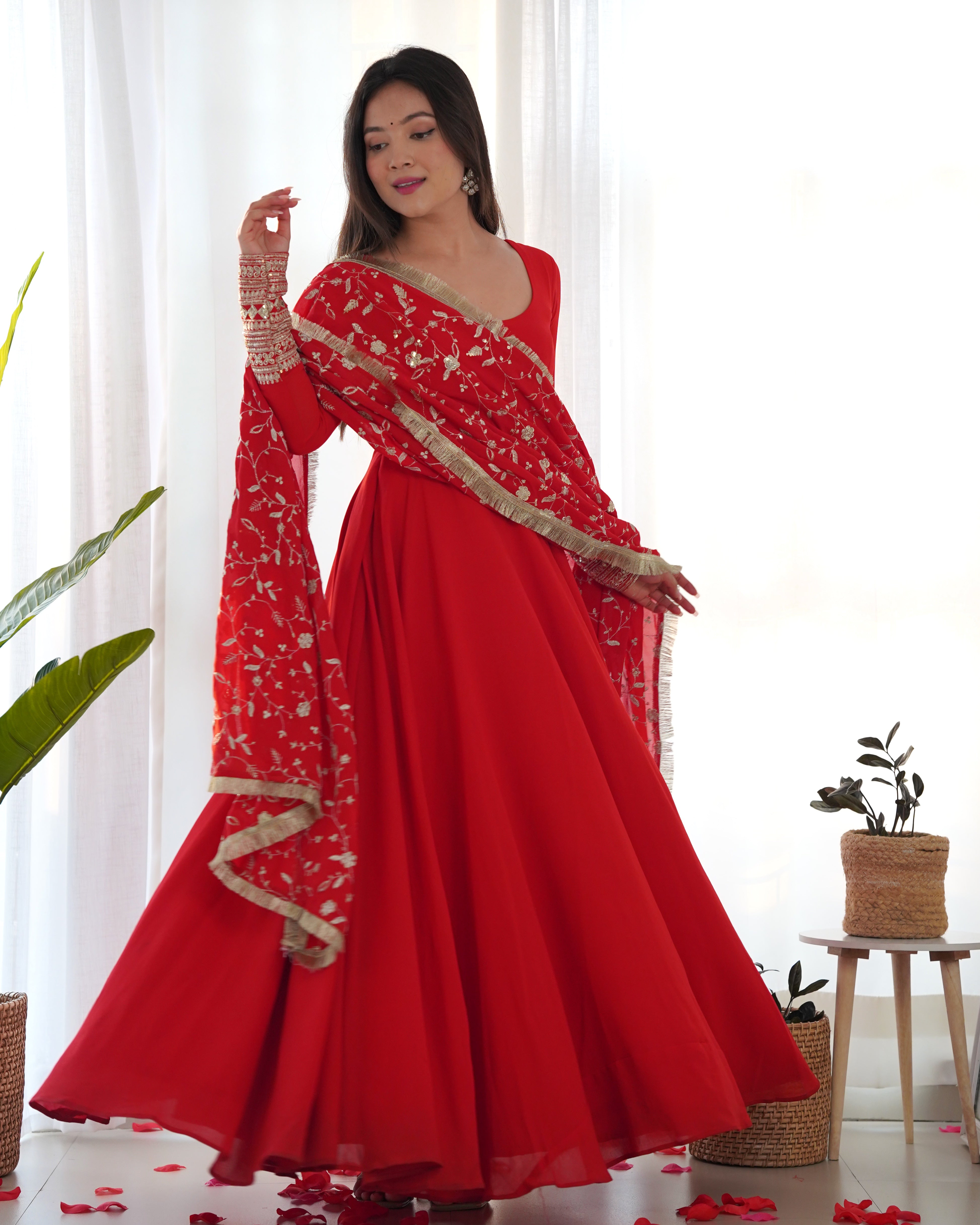 Colorful & Fresh Red Georgette Anarkali Gown with Dupatta & Pant Set.
