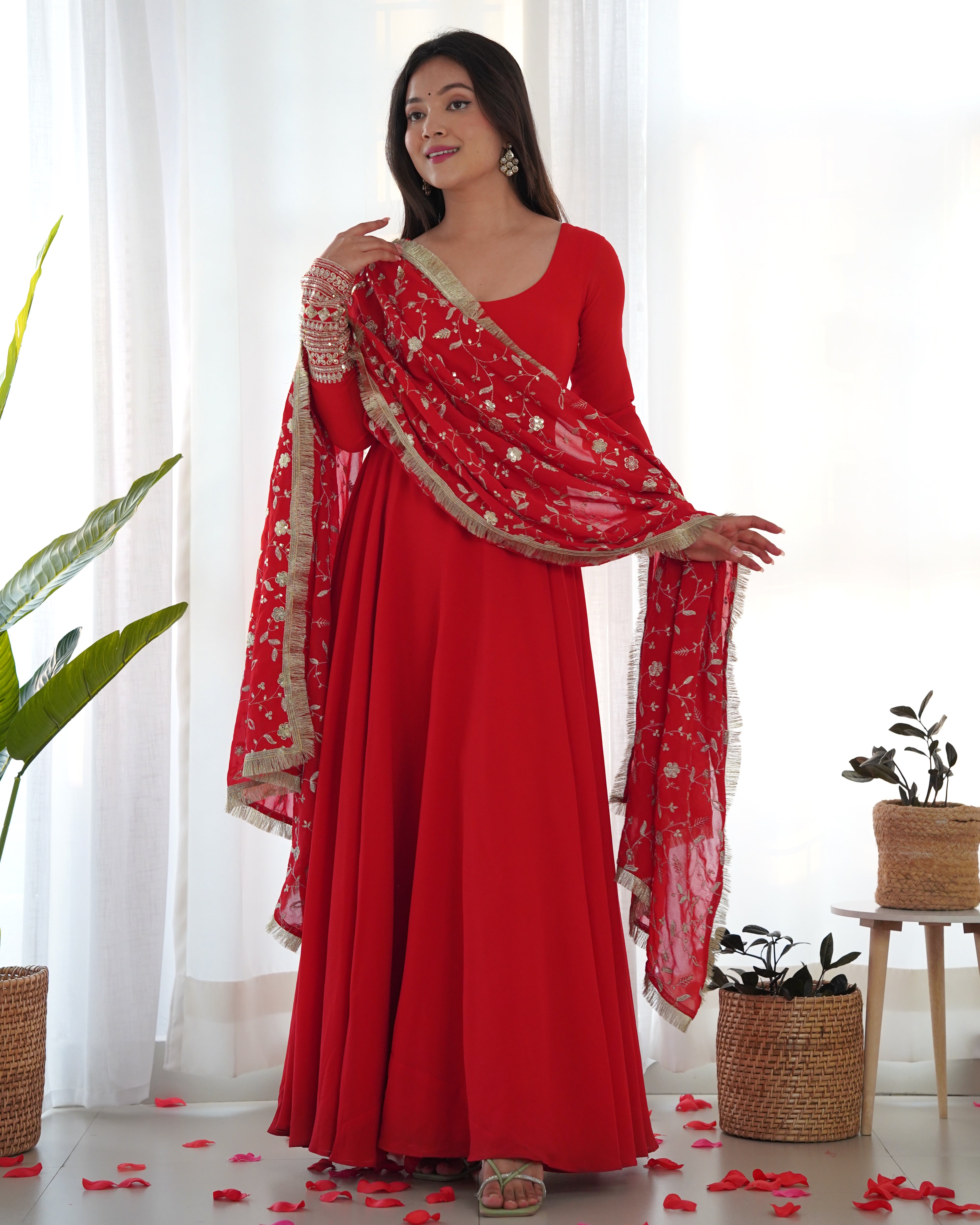 Colorful & Fresh Red Georgette Anarkali Gown with Dupatta & Pant Set.