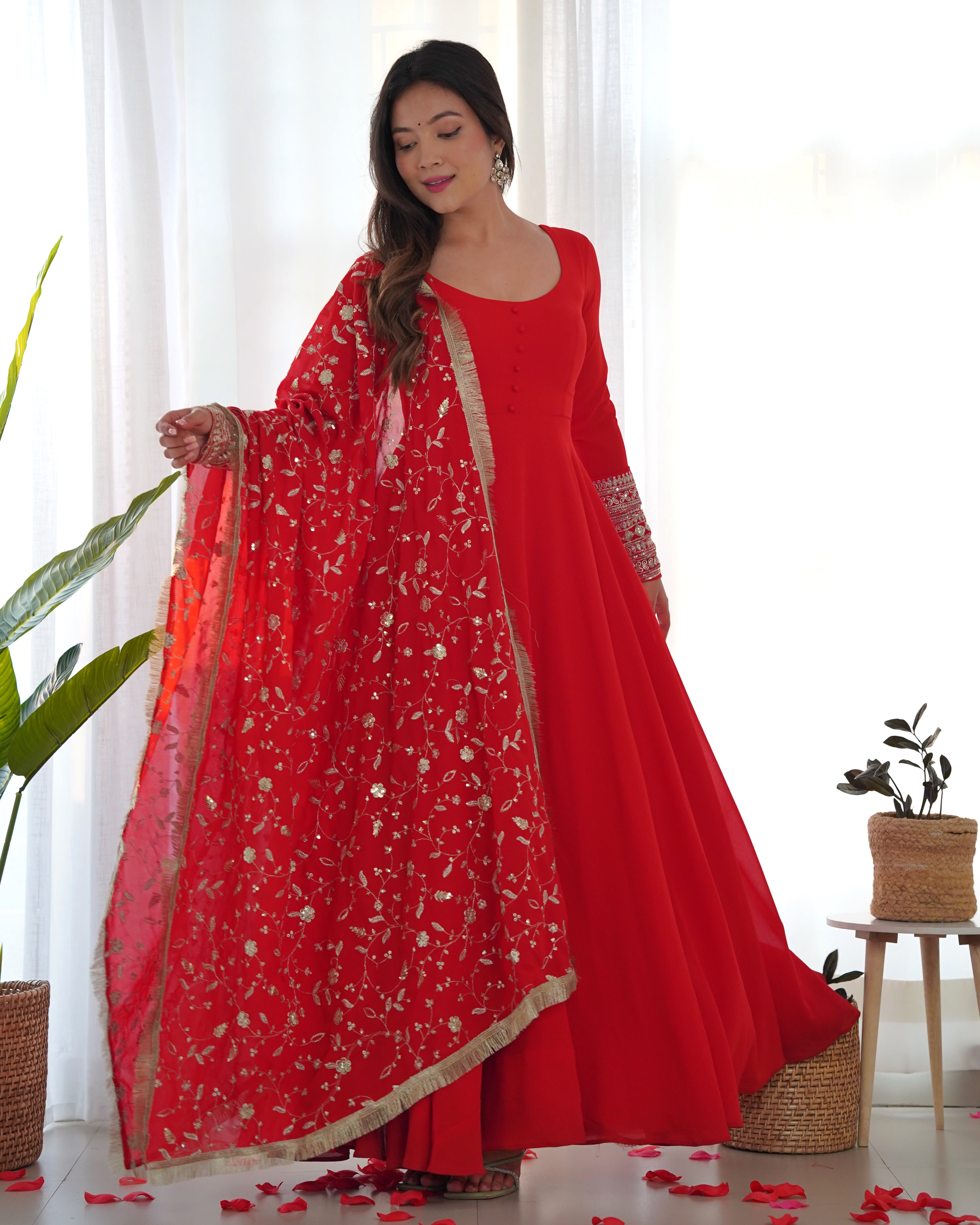 Colorful & Fresh Red Georgette Anarkali Gown with Dupatta & Pant Set.