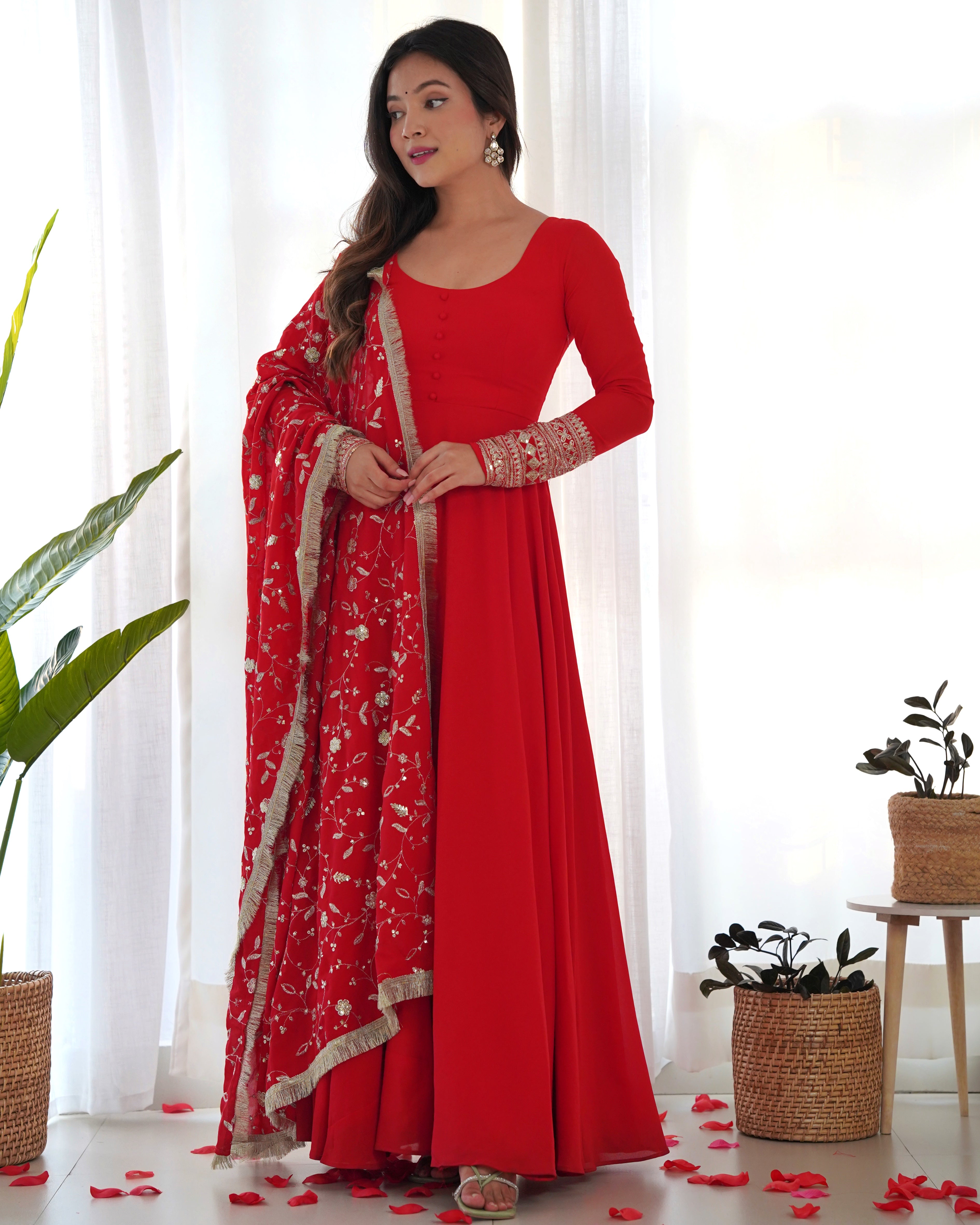 Colorful & Fresh Red Georgette Anarkali Gown with Dupatta & Pant Set.
