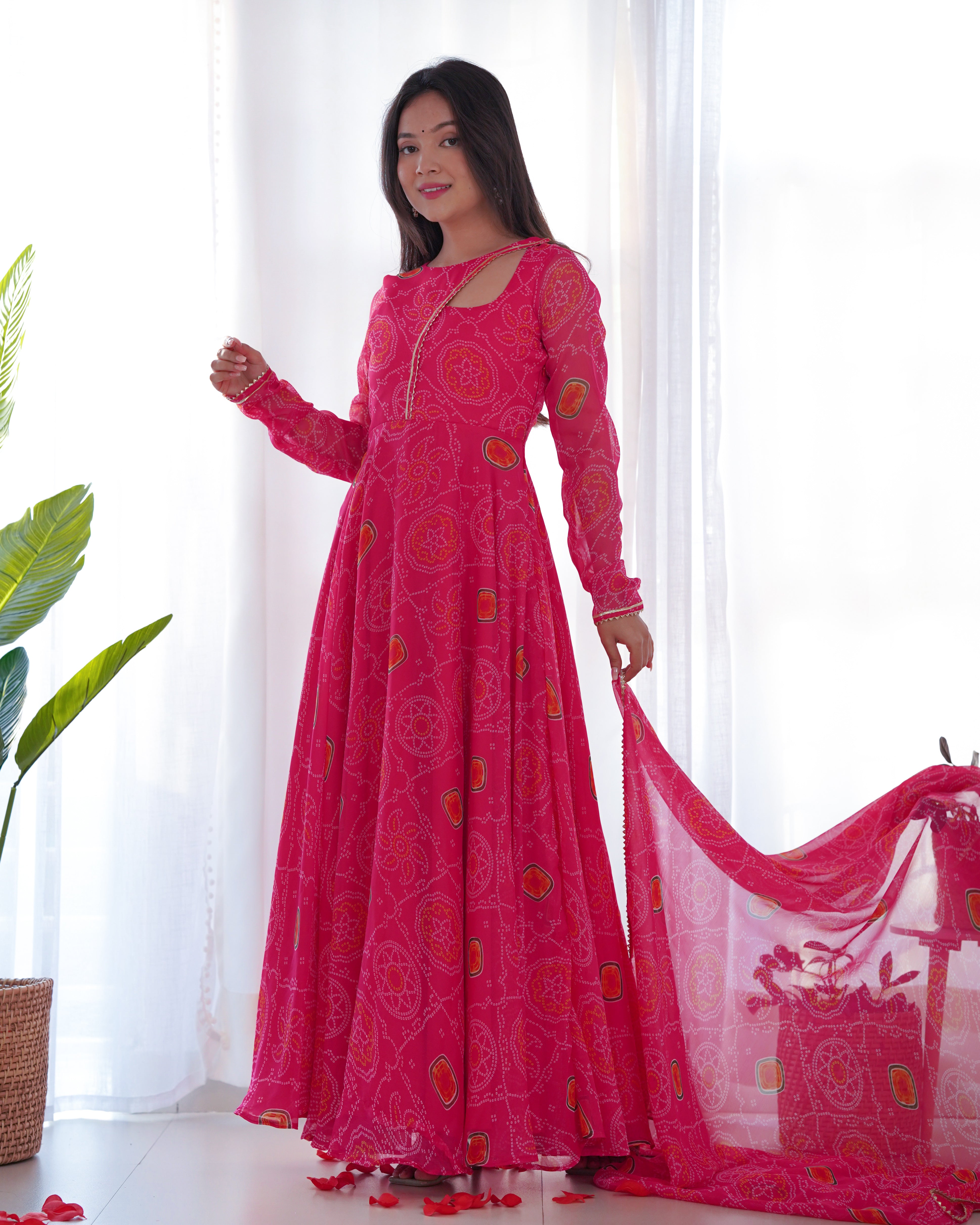Pure Soft Lightweight Chiffon Bandhej Fully Flair Gown And Dupatta With Pent Set.bandhi Print Gown