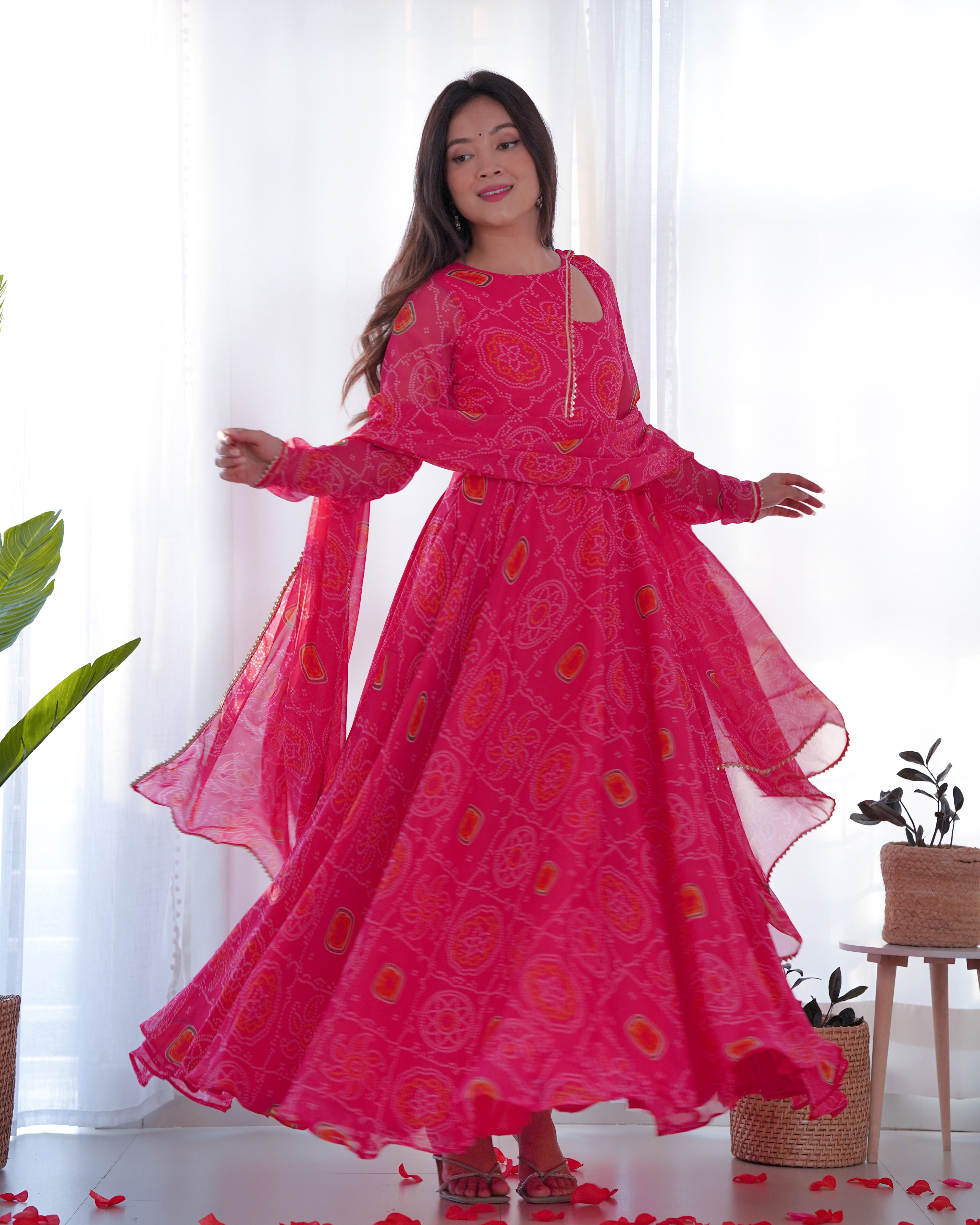 Pure Soft Lightweight Chiffon Bandhej Fully Flair Gown And Dupatta With Pent Set.bandhi Print Gown