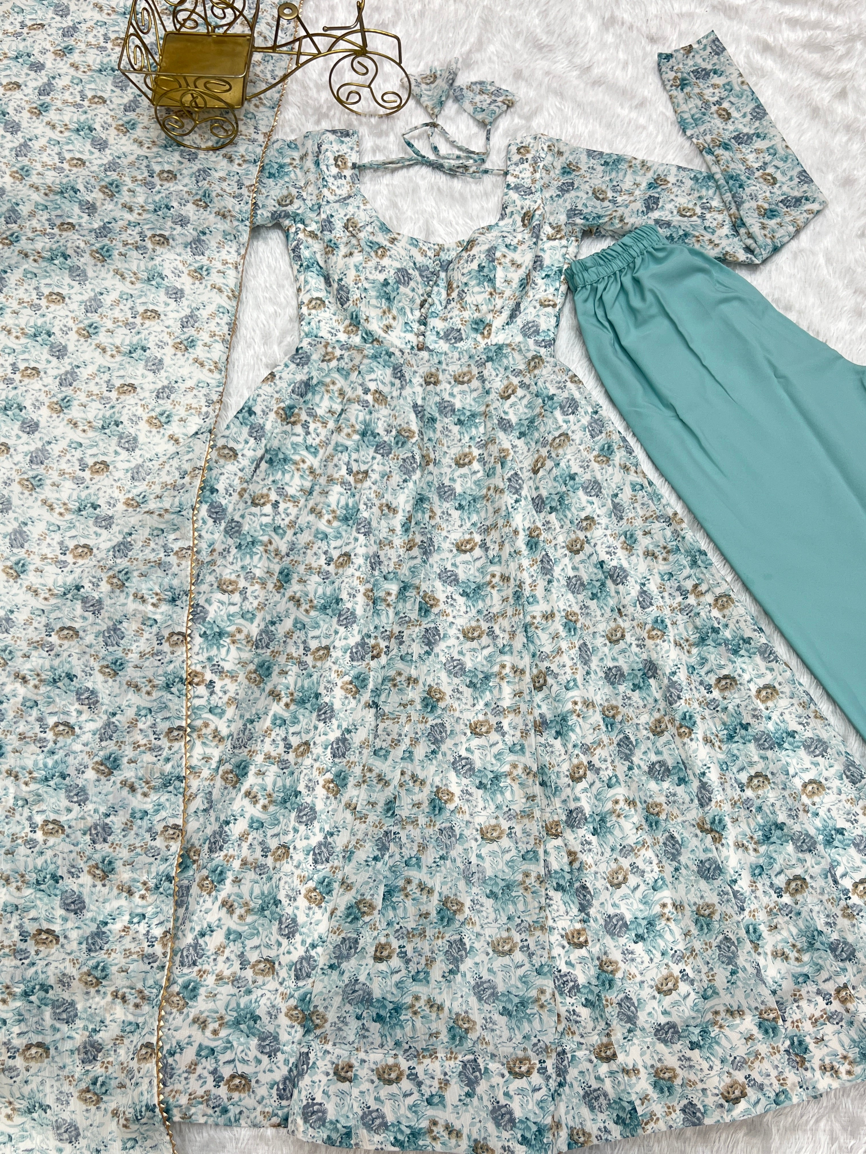 Pure Grey Chiffon Floral Print Fabric Fully Flair Anarkali With Duppta Set