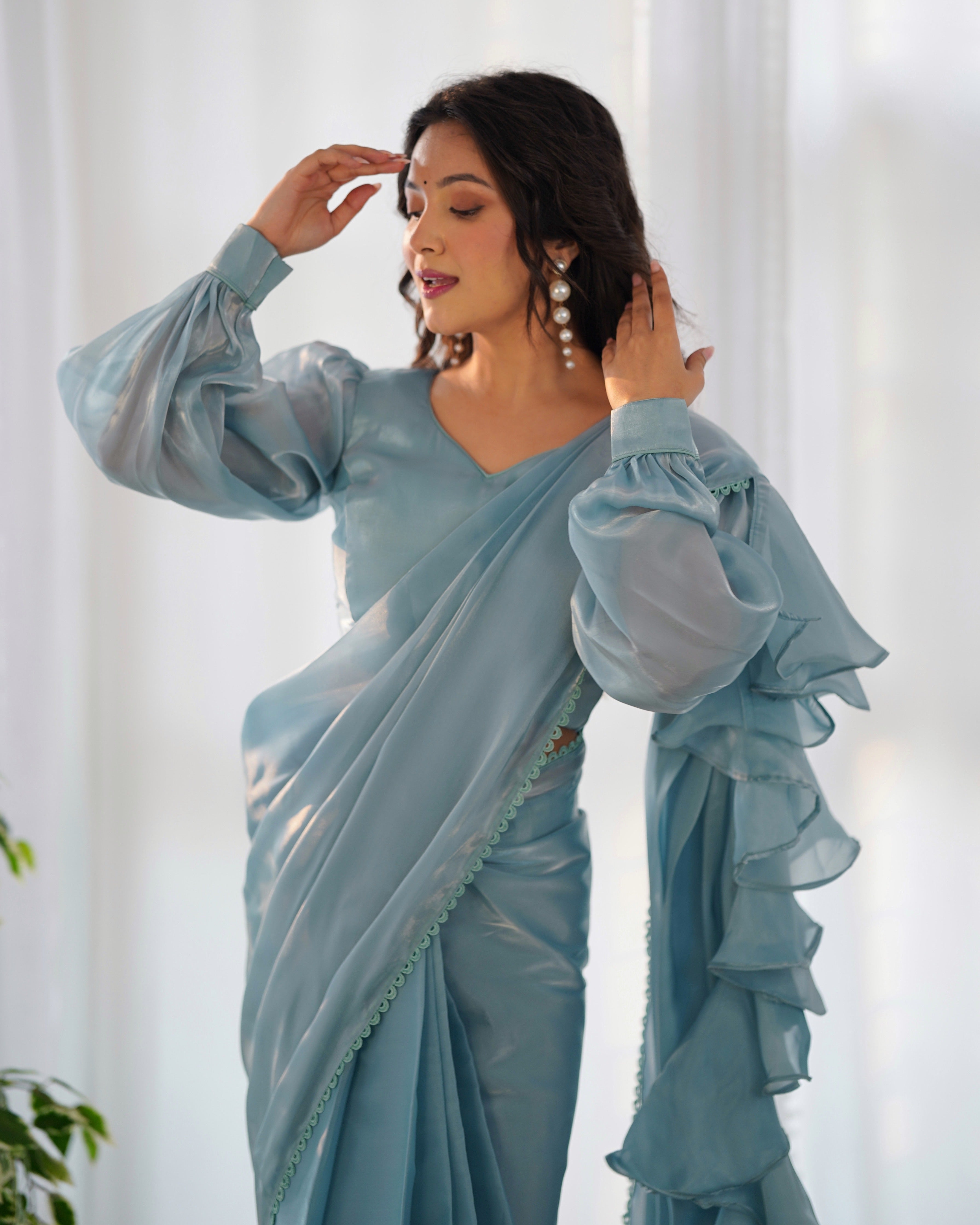 Latest Collection Of Ready To Wear LightBlue Saree With Premium Quality Organja Saree