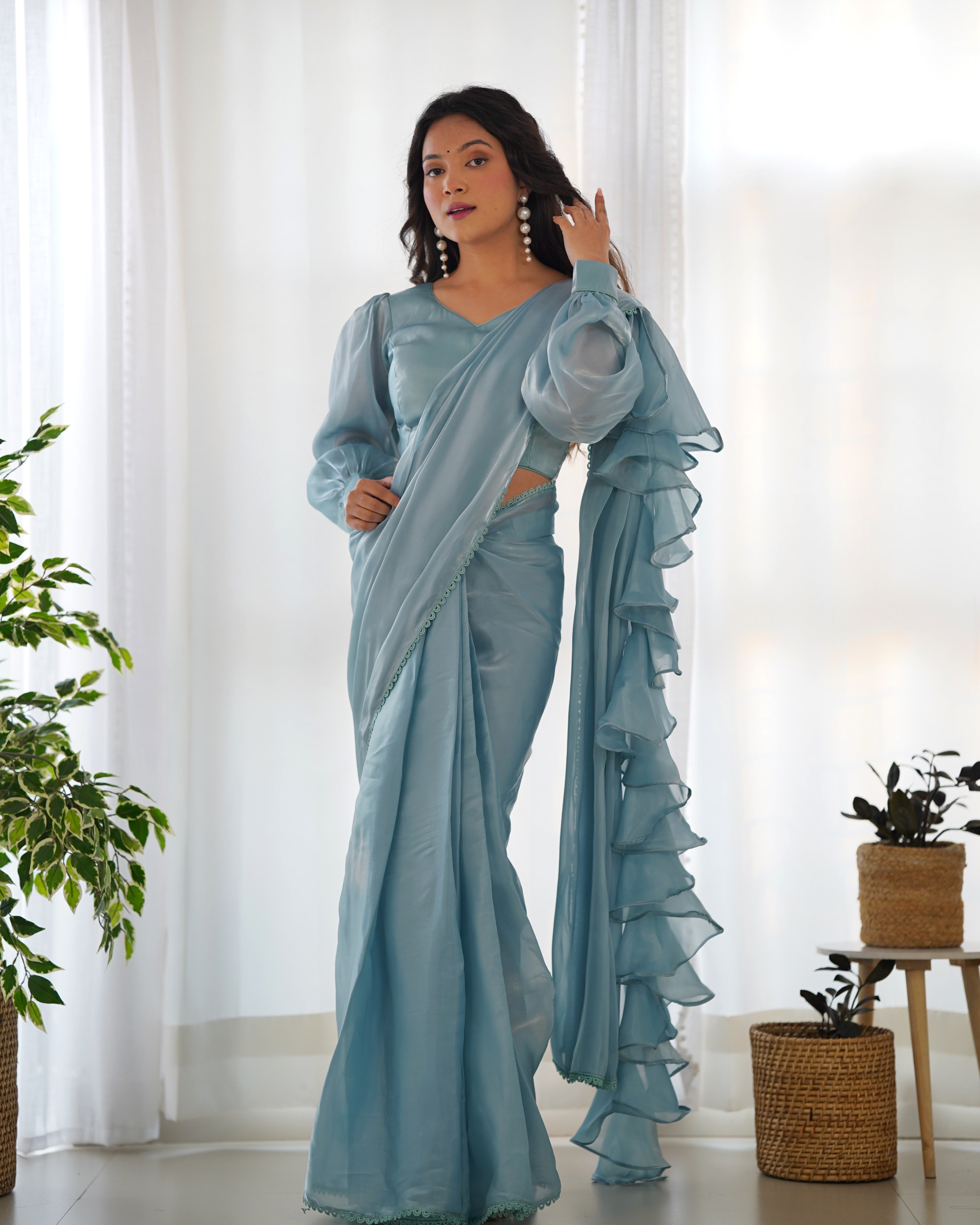 Latest Collection Of Ready To Wear LightBlue Saree With Premium Quality Organja Saree