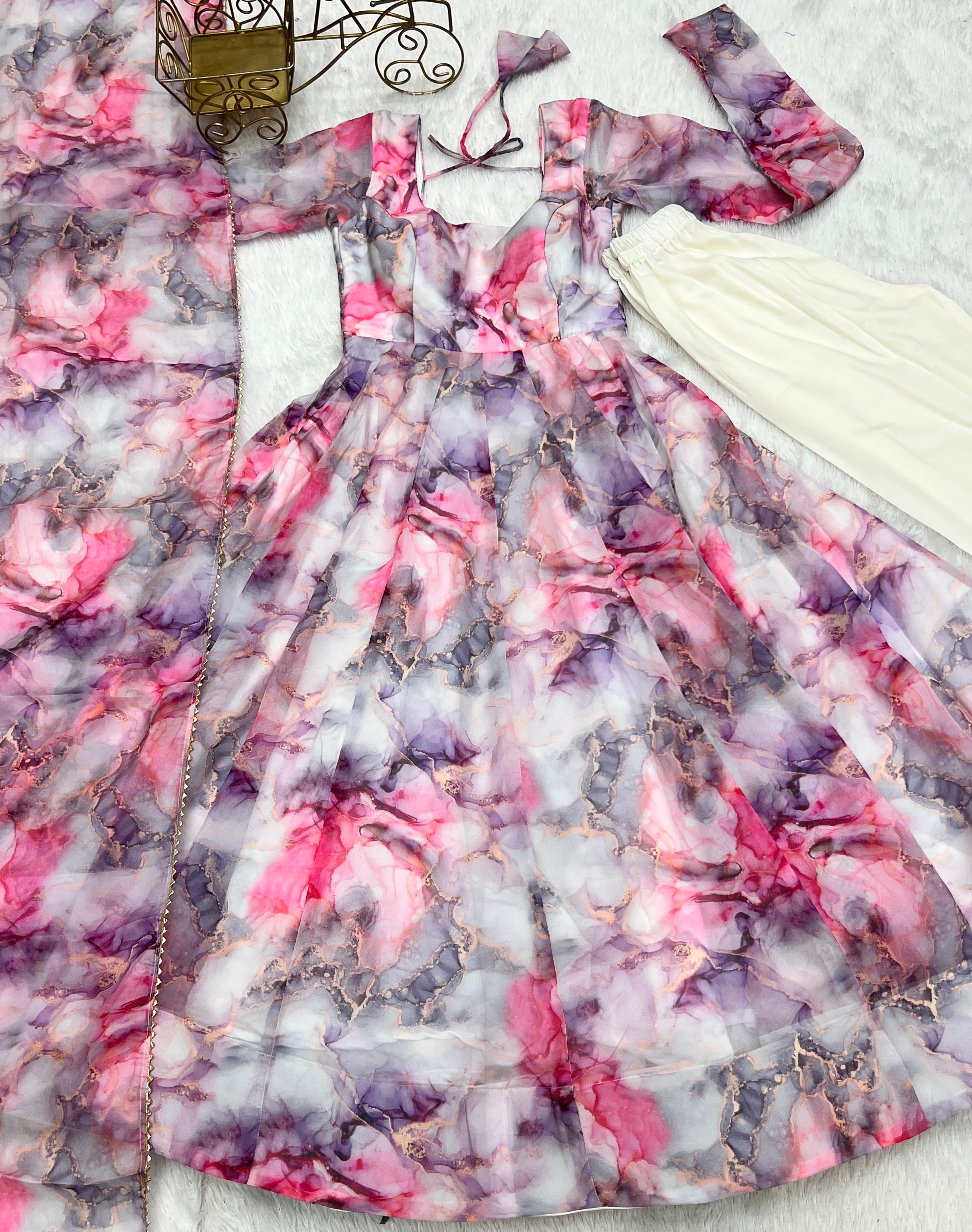 Pure Soft Pink Organja Silk Fabric Flair Kali Pattern And Canvas Patta With Duppta Set