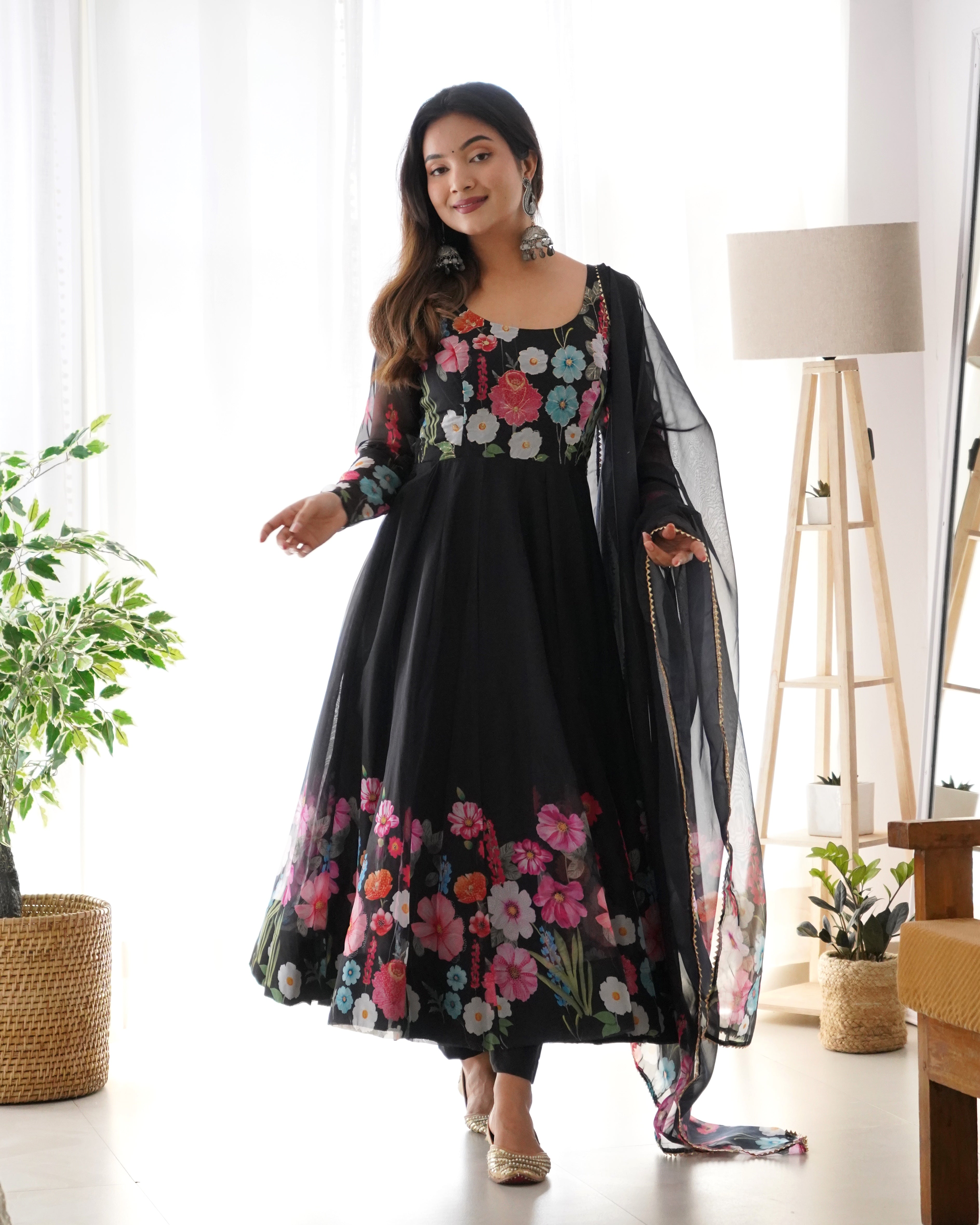 Georgette Stitched Black Anarkali Gown Kurta With Duppta Set