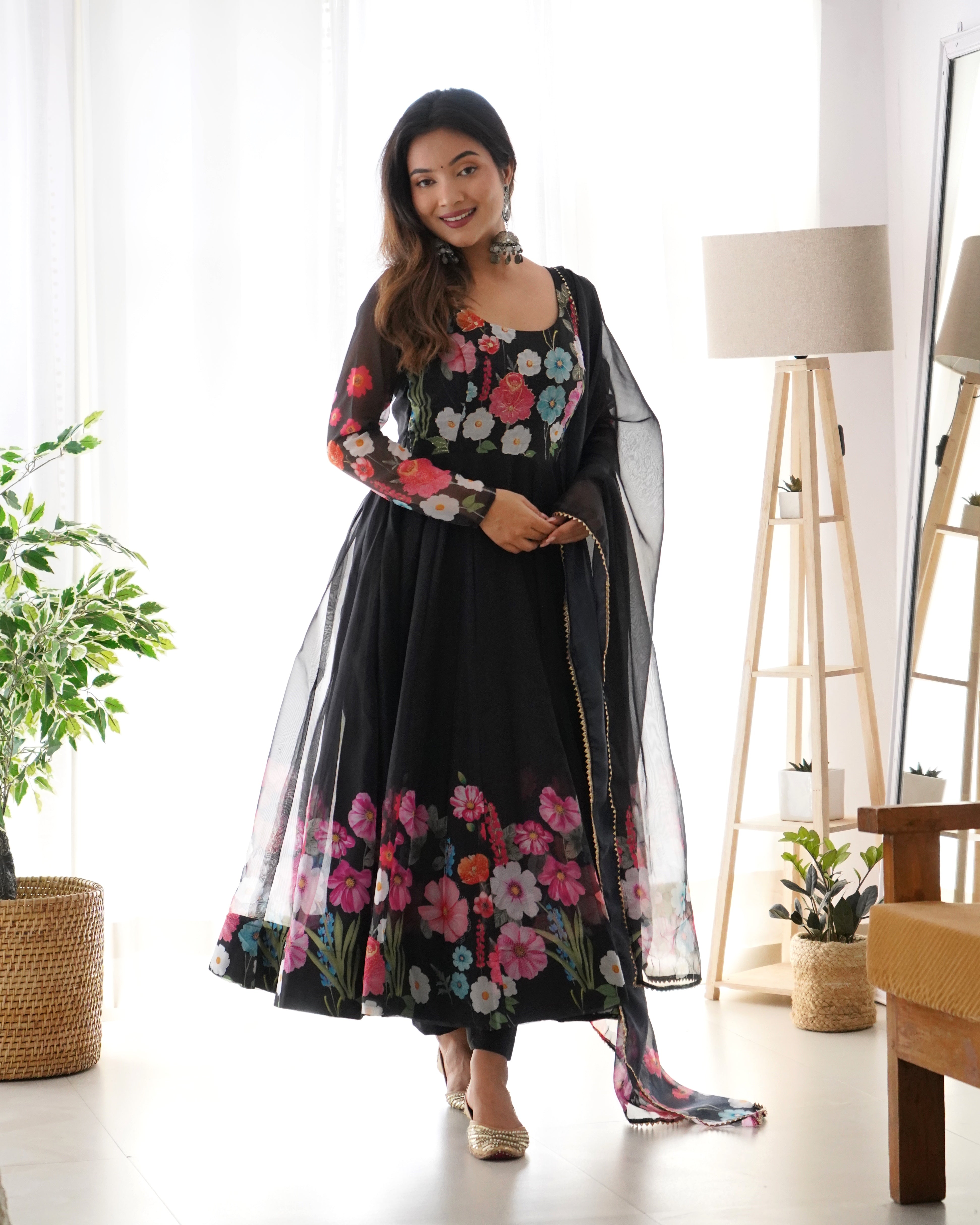Georgette Stitched Black Anarkali Gown Kurta With Duppta Set