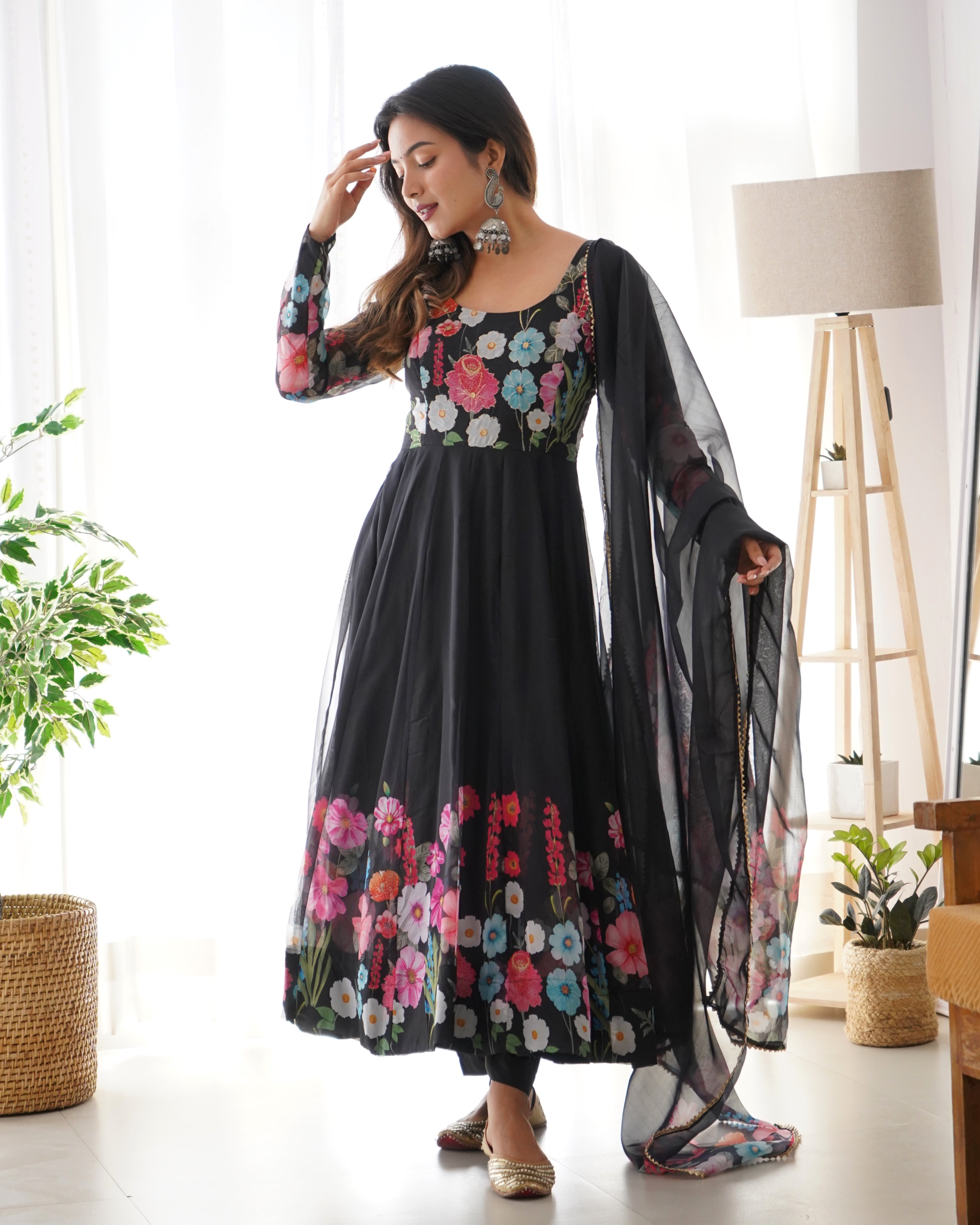 Georgette Stitched Black Anarkali Gown Kurta With Duppta Set