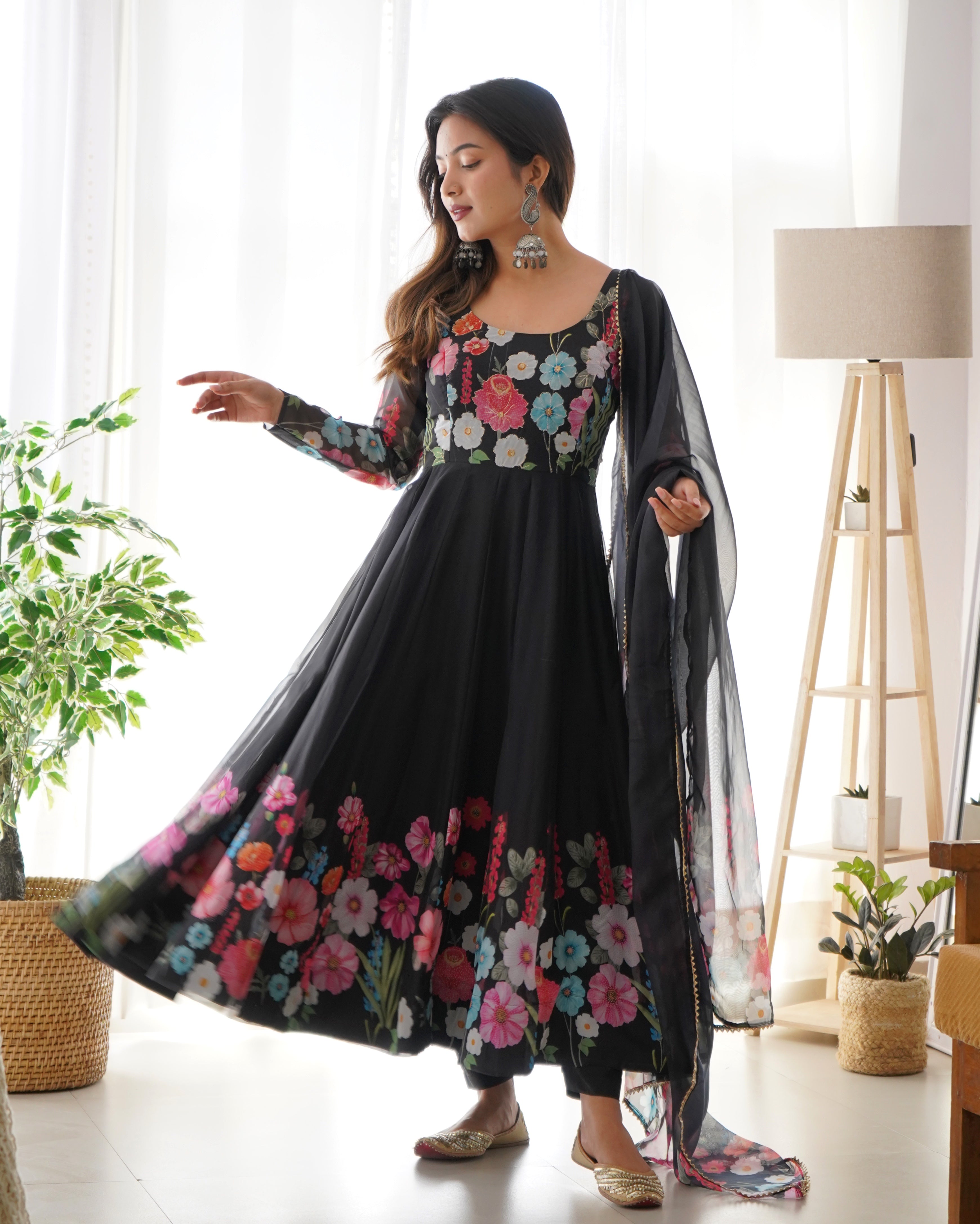Georgette Stitched Black Anarkali Gown Kurta With Duppta Set