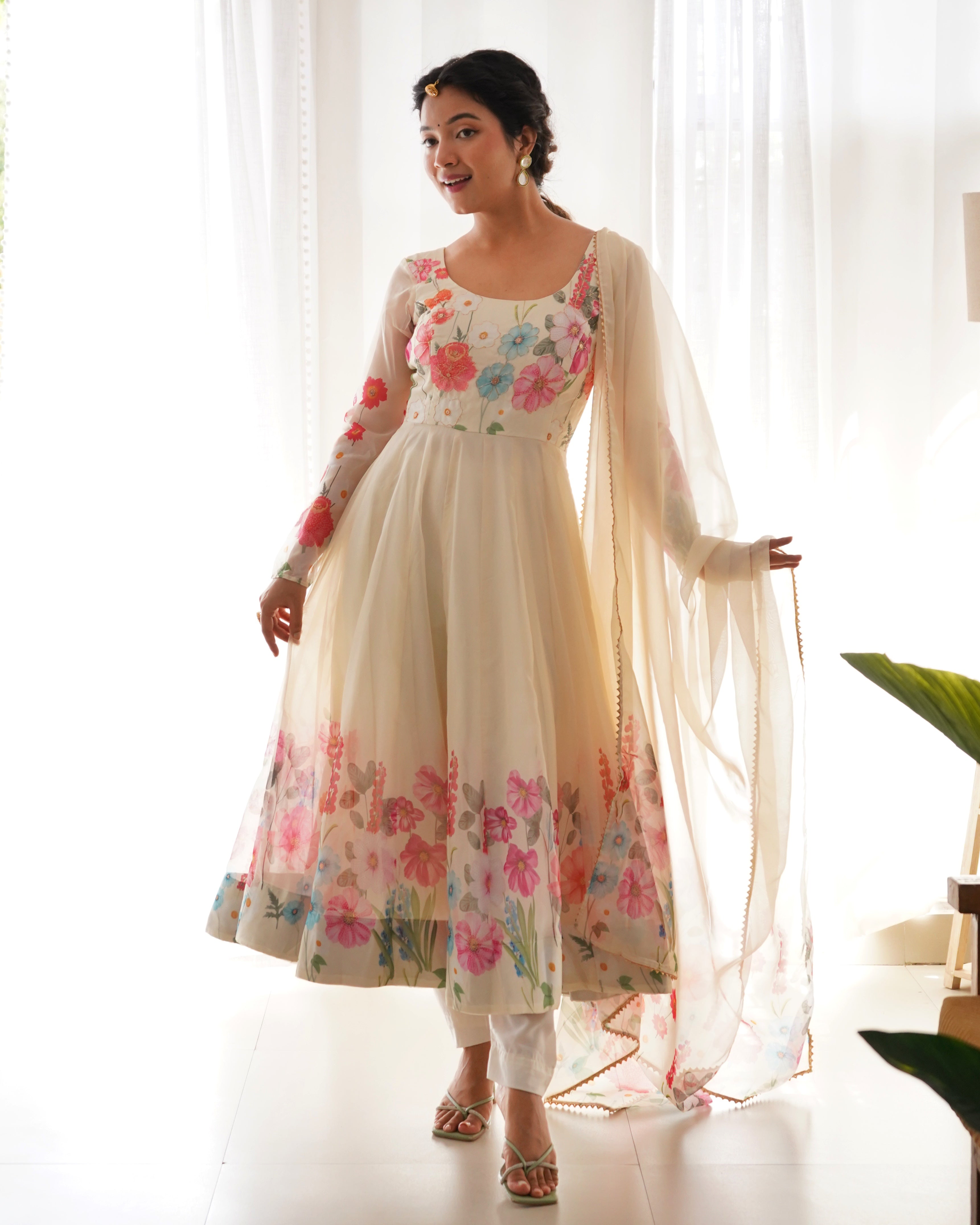 Georgette Stitched White Anarkali Gown Kurta With Duppta Set