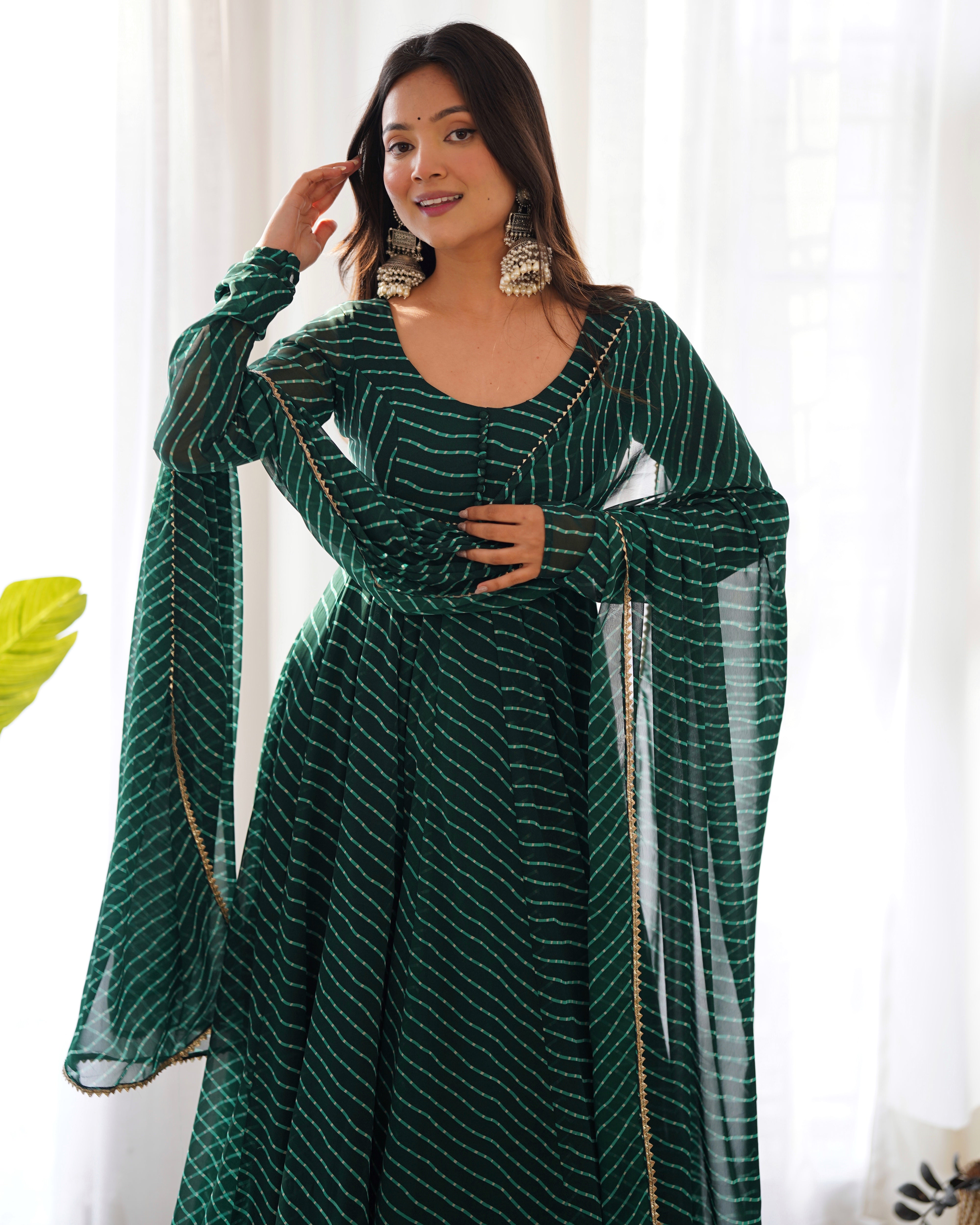 Georgette Leheriya Pattern Green Stitched Anarkali Gown Kurta With Duppta Set