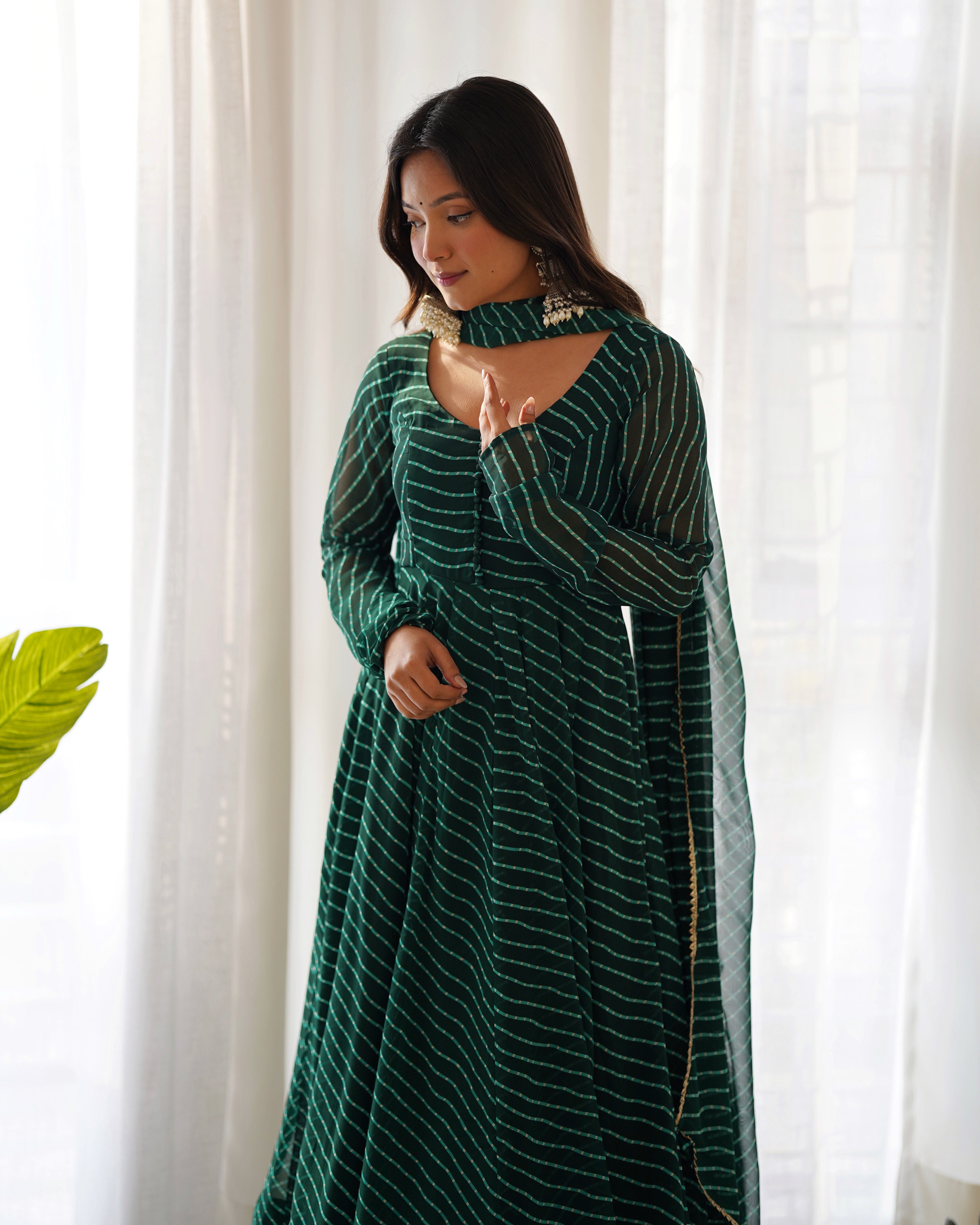 Georgette Leheriya Pattern Green Stitched Anarkali Gown Kurta With Duppta Set