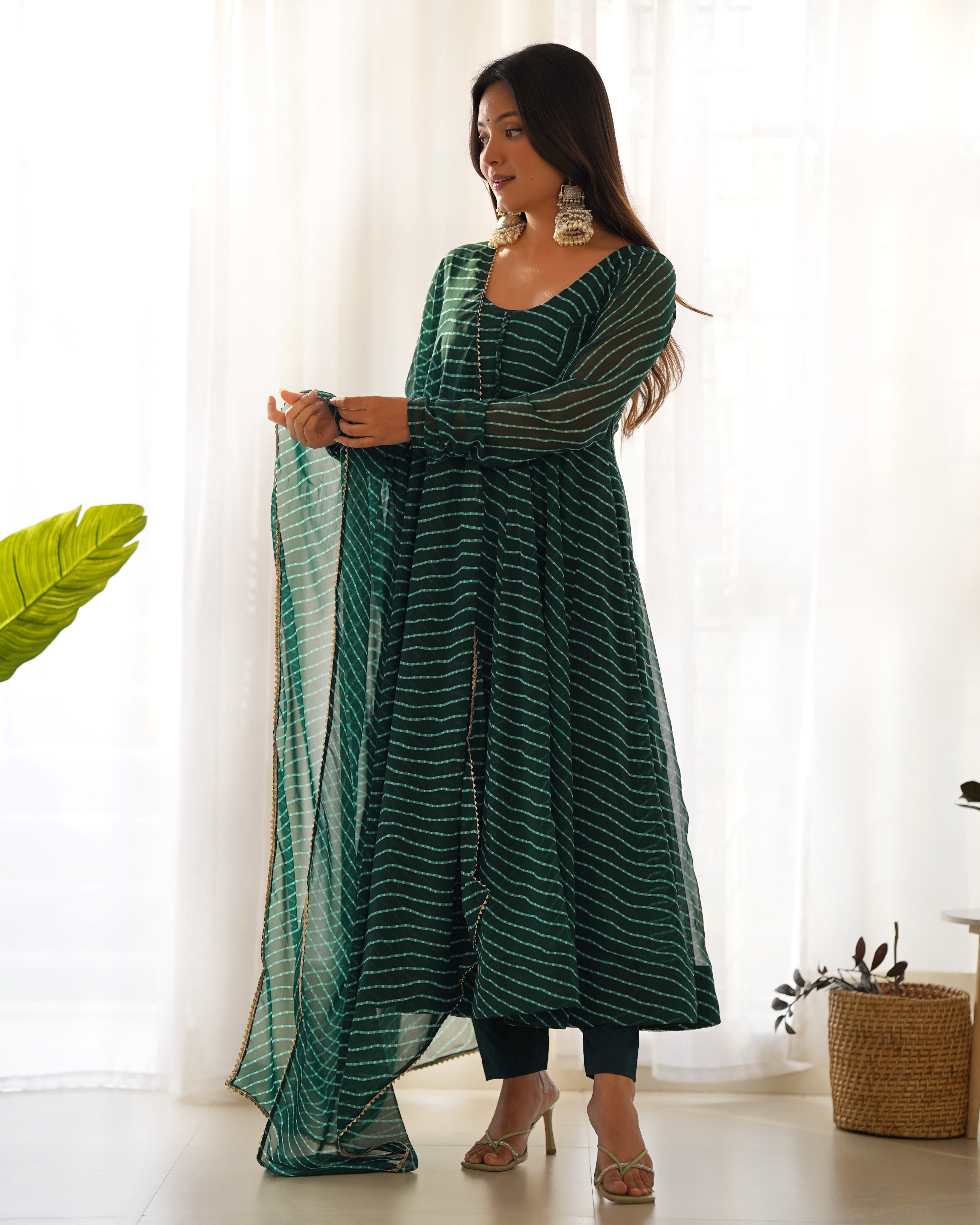 Georgette Leheriya Pattern Green Stitched Anarkali Gown Kurta With Duppta Set