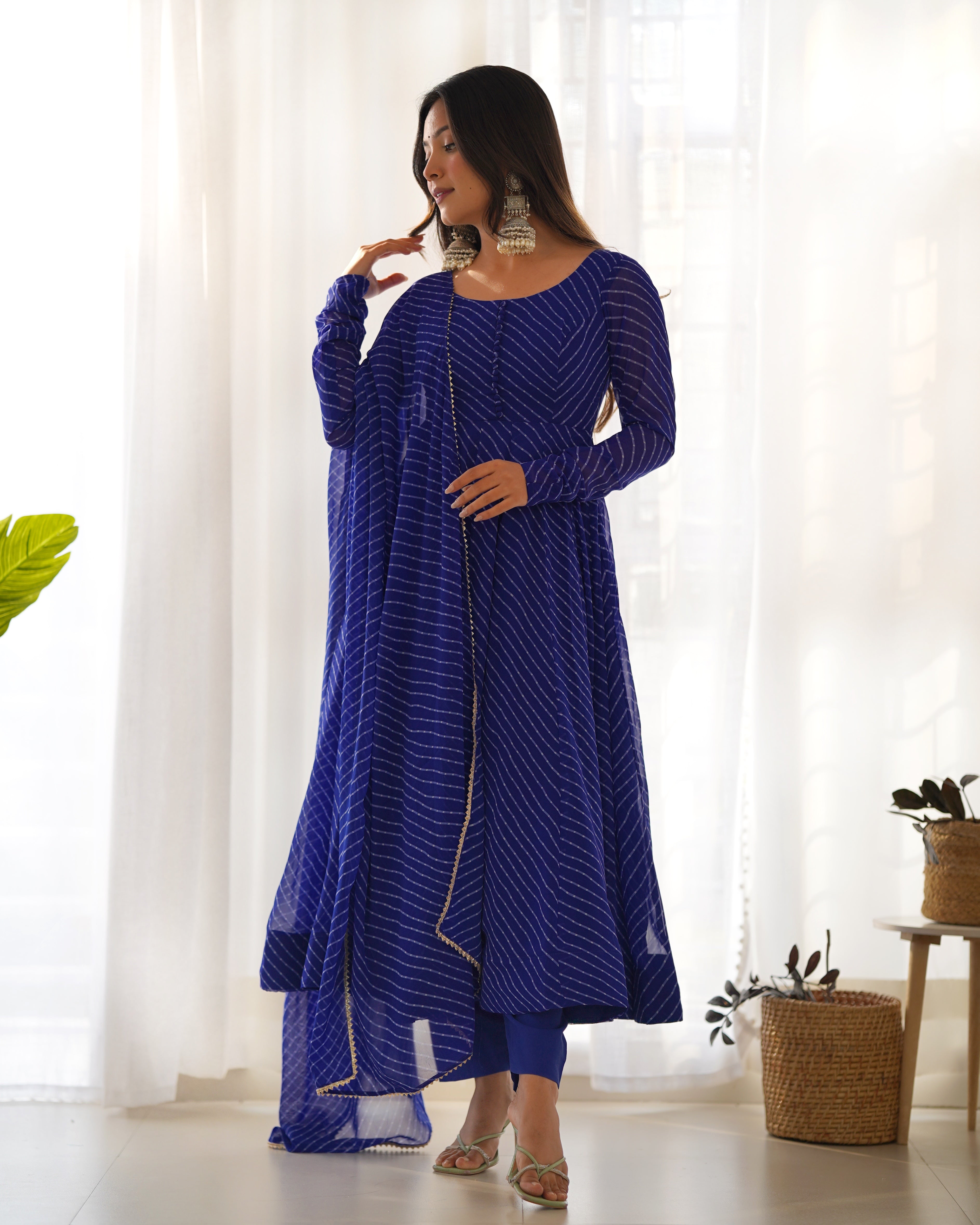 Georgette Leheriya Pattern Royal Blue Stitched Anarkali Gown Kurta With Duppta Set