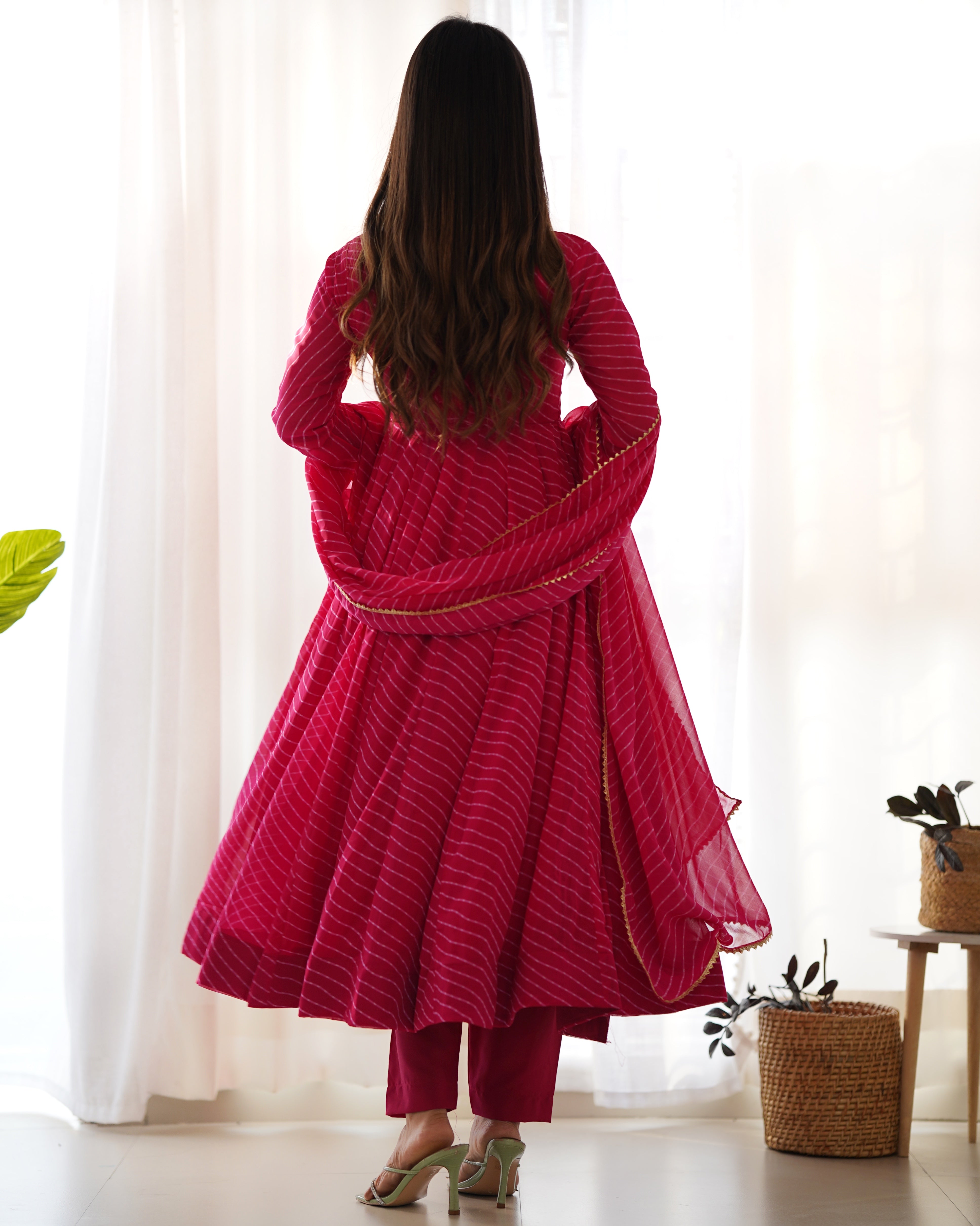 Georgette Leheriya Pattern Pink Stitched Anarkali Gown Kurta With Duppta Set