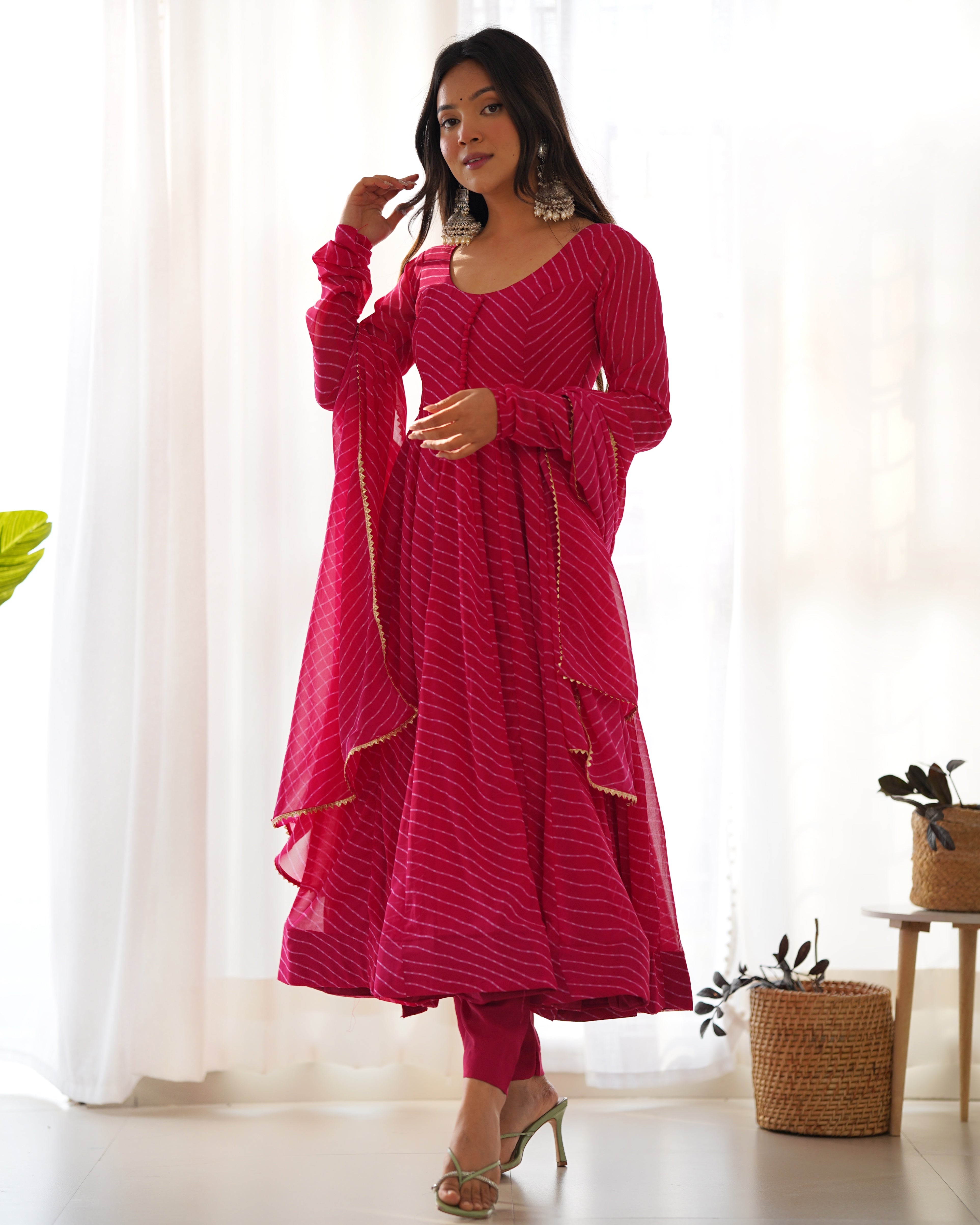 Georgette Leheriya Pattern Pink Stitched Anarkali Gown Kurta With Duppta Set
