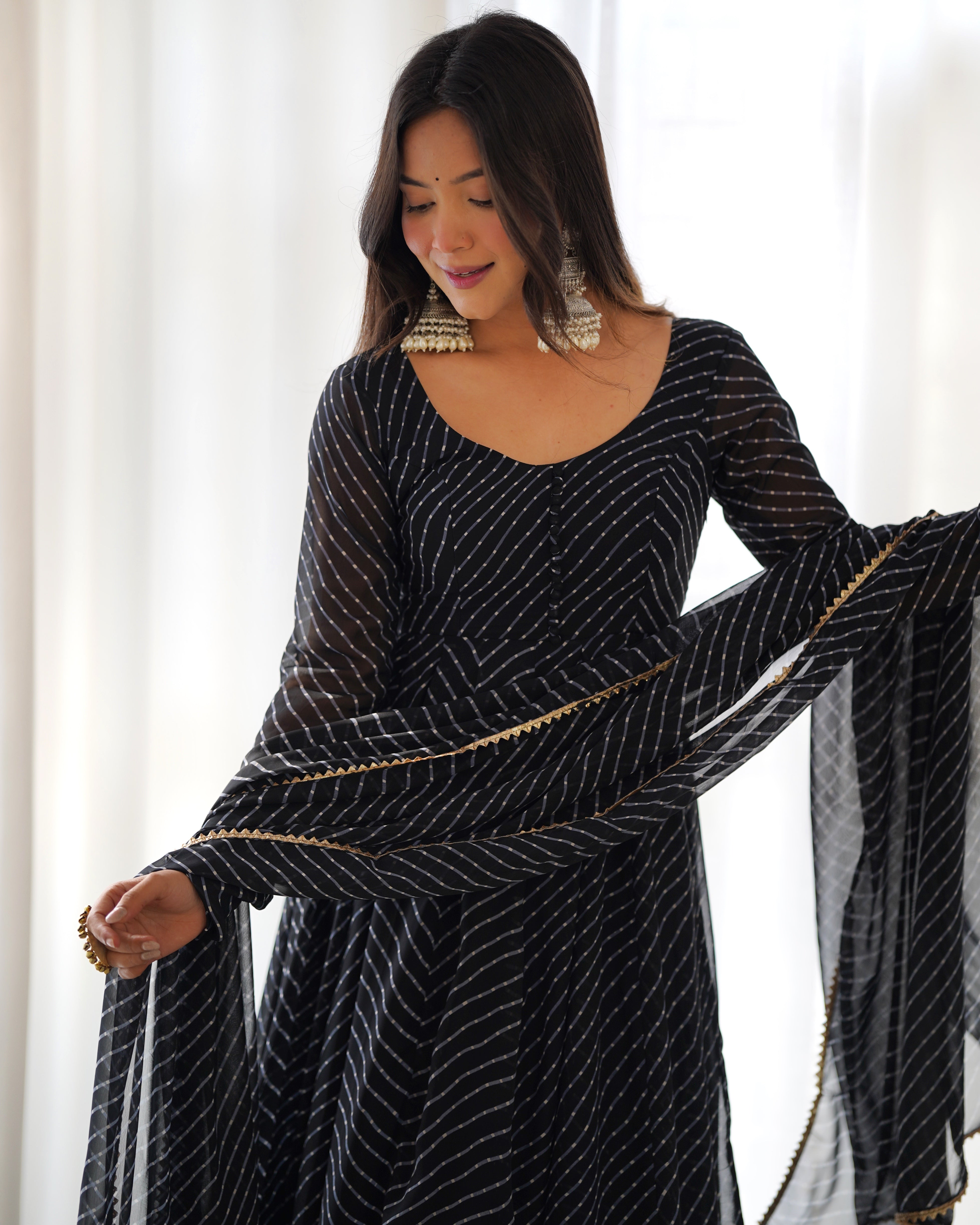 Georgette Leheriya Pattern Black Stitched Anarkali Gown Kurta With Duppta Set