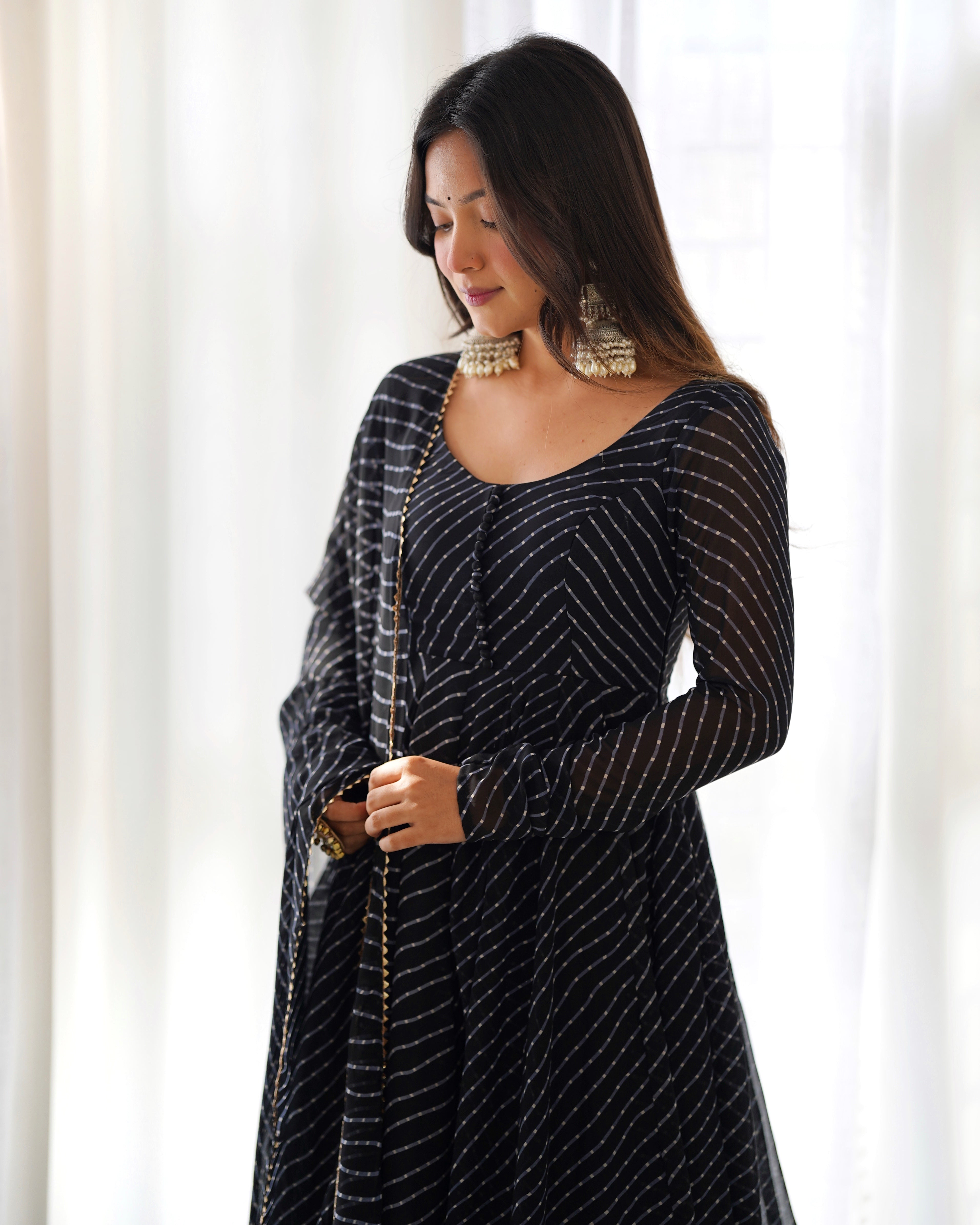 Georgette Leheriya Pattern Black Stitched Anarkali Gown Kurta With Duppta Set