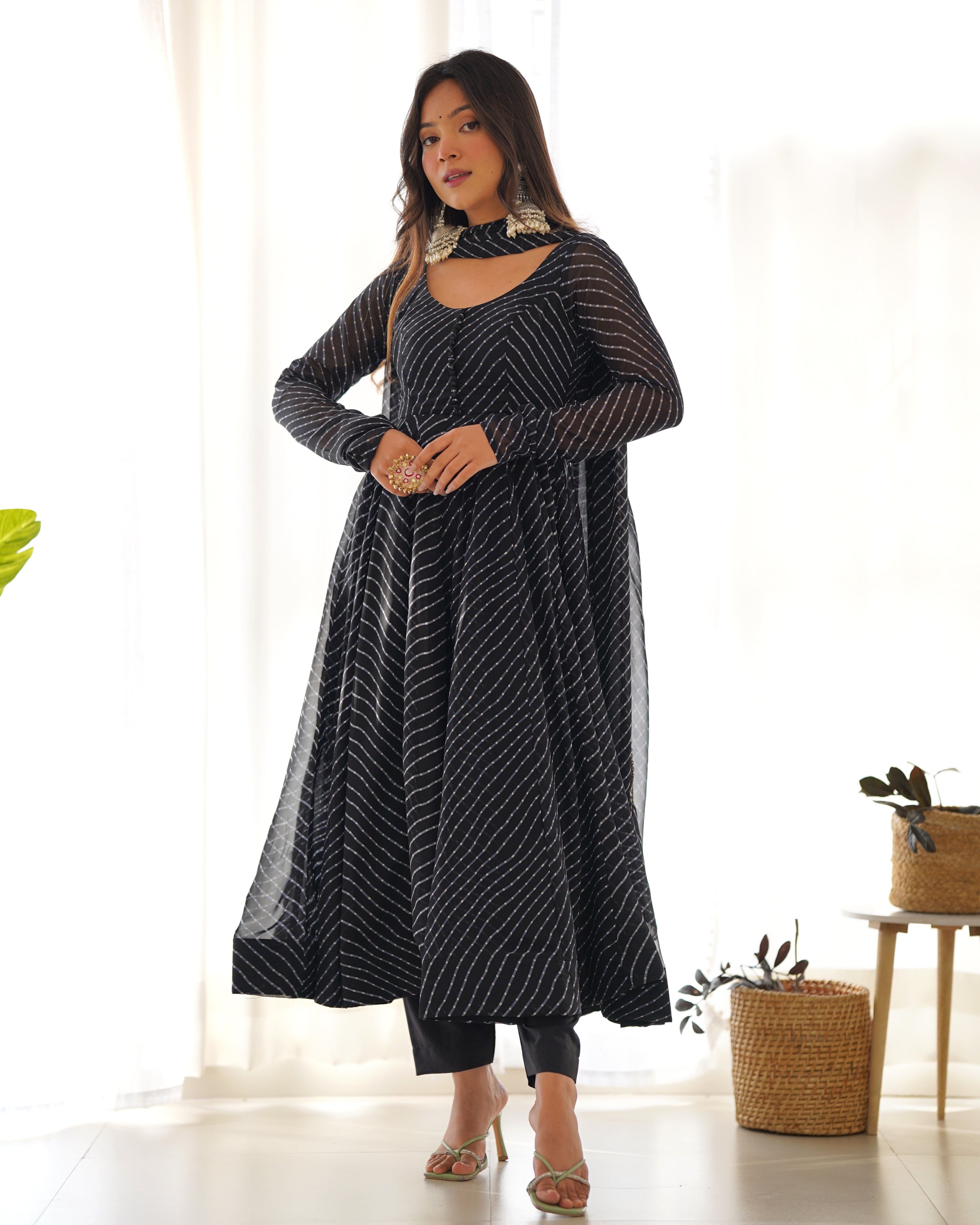 Georgette Leheriya Pattern Black Stitched Anarkali Gown Kurta With Duppta Set