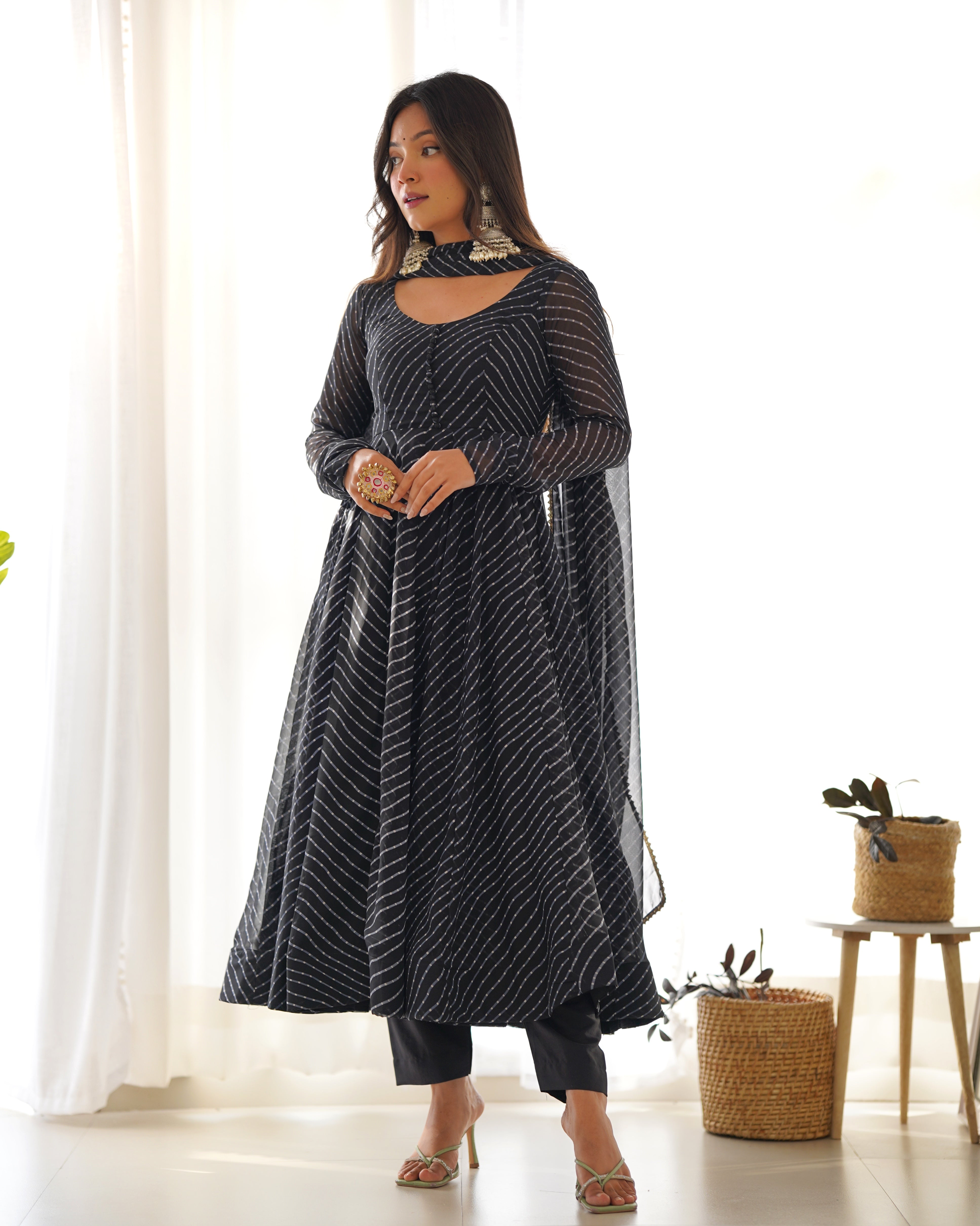 Georgette Leheriya Pattern Black Stitched Anarkali Gown Kurta With Duppta Set