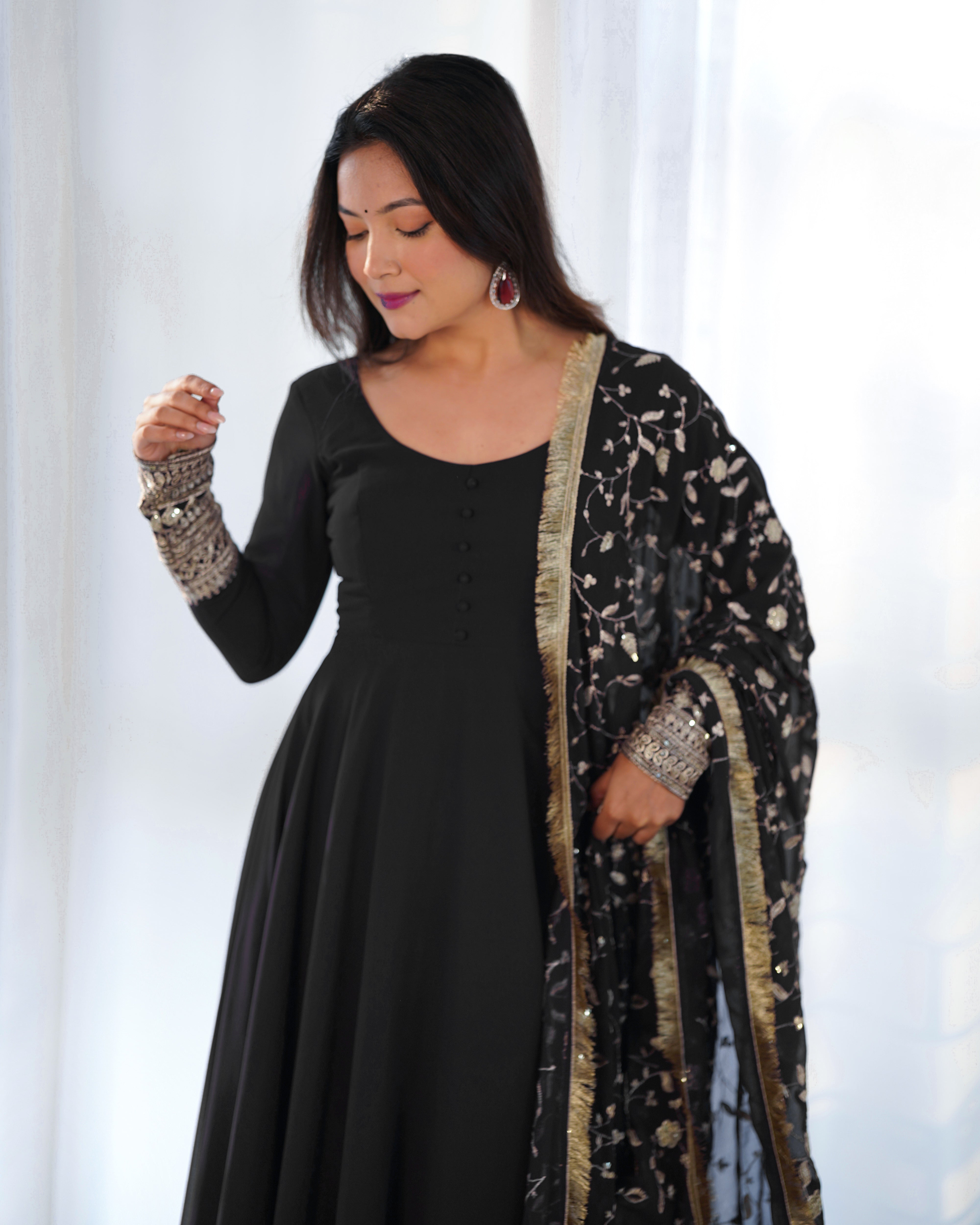 Colorful & Fresh Black Georgette Anarkali Gown with Dupatta & Pant Set