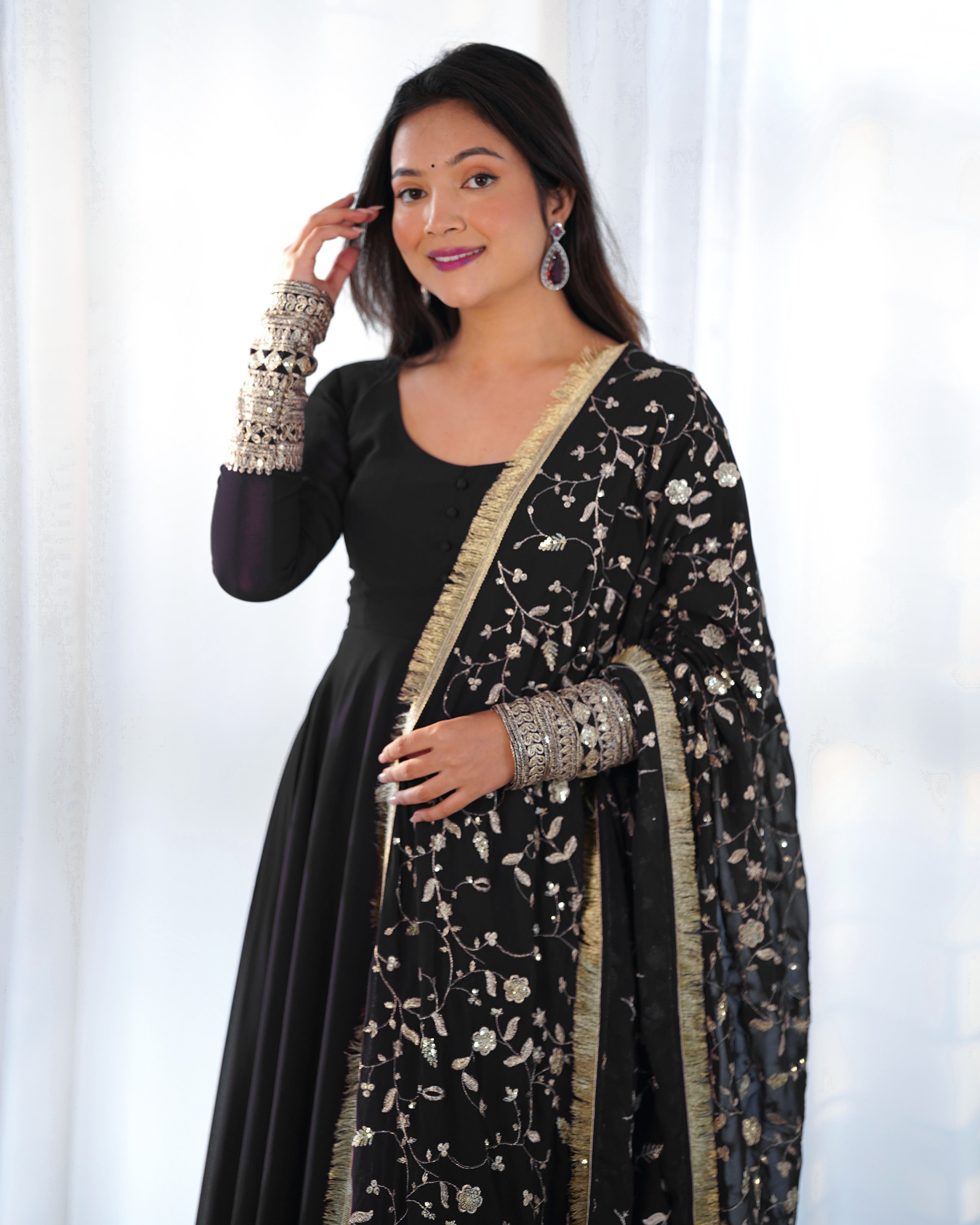 Colorful & Fresh Black Georgette Anarkali Gown with Dupatta & Pant Set