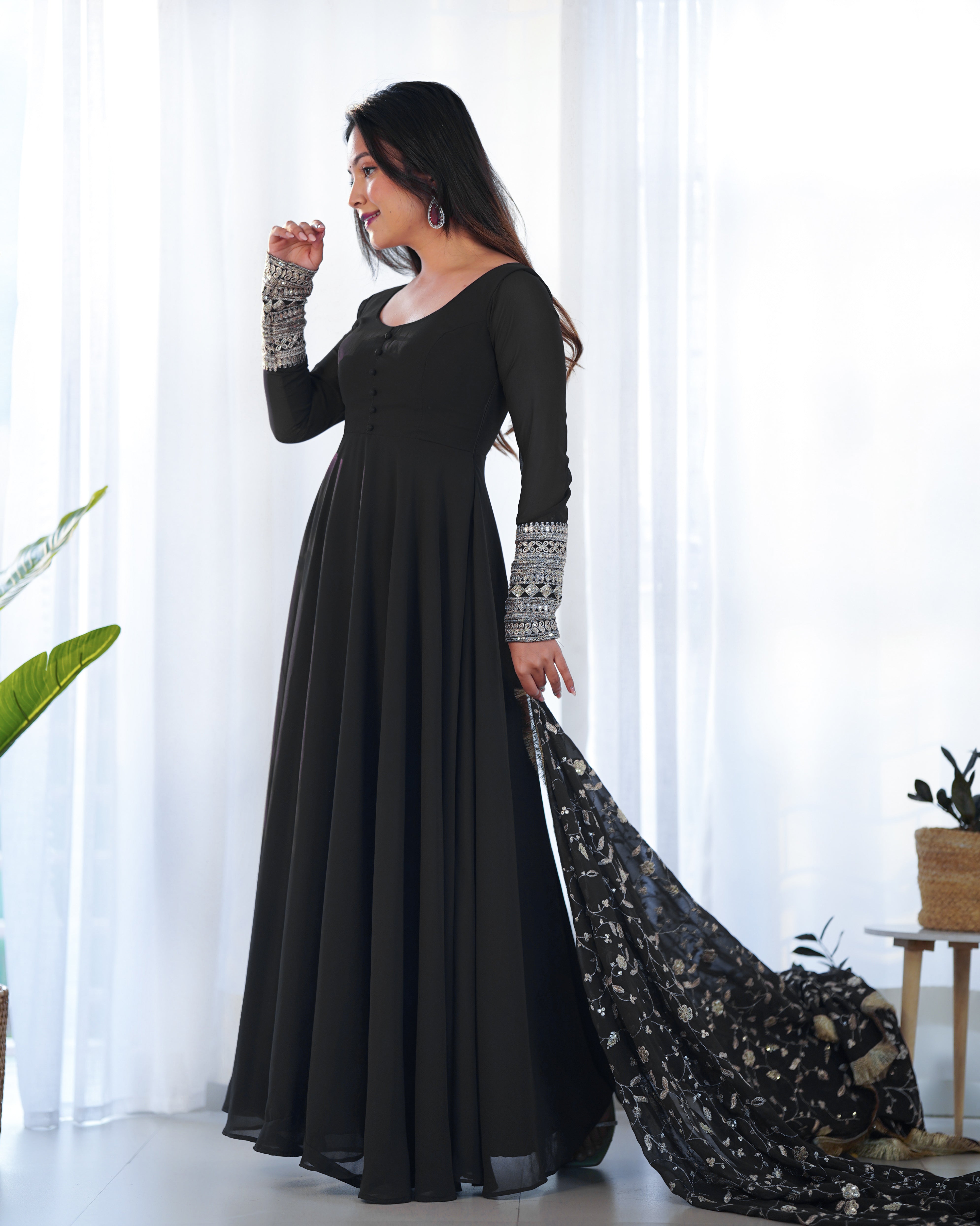 Colorful & Fresh Black Georgette Anarkali Gown with Dupatta & Pant Set