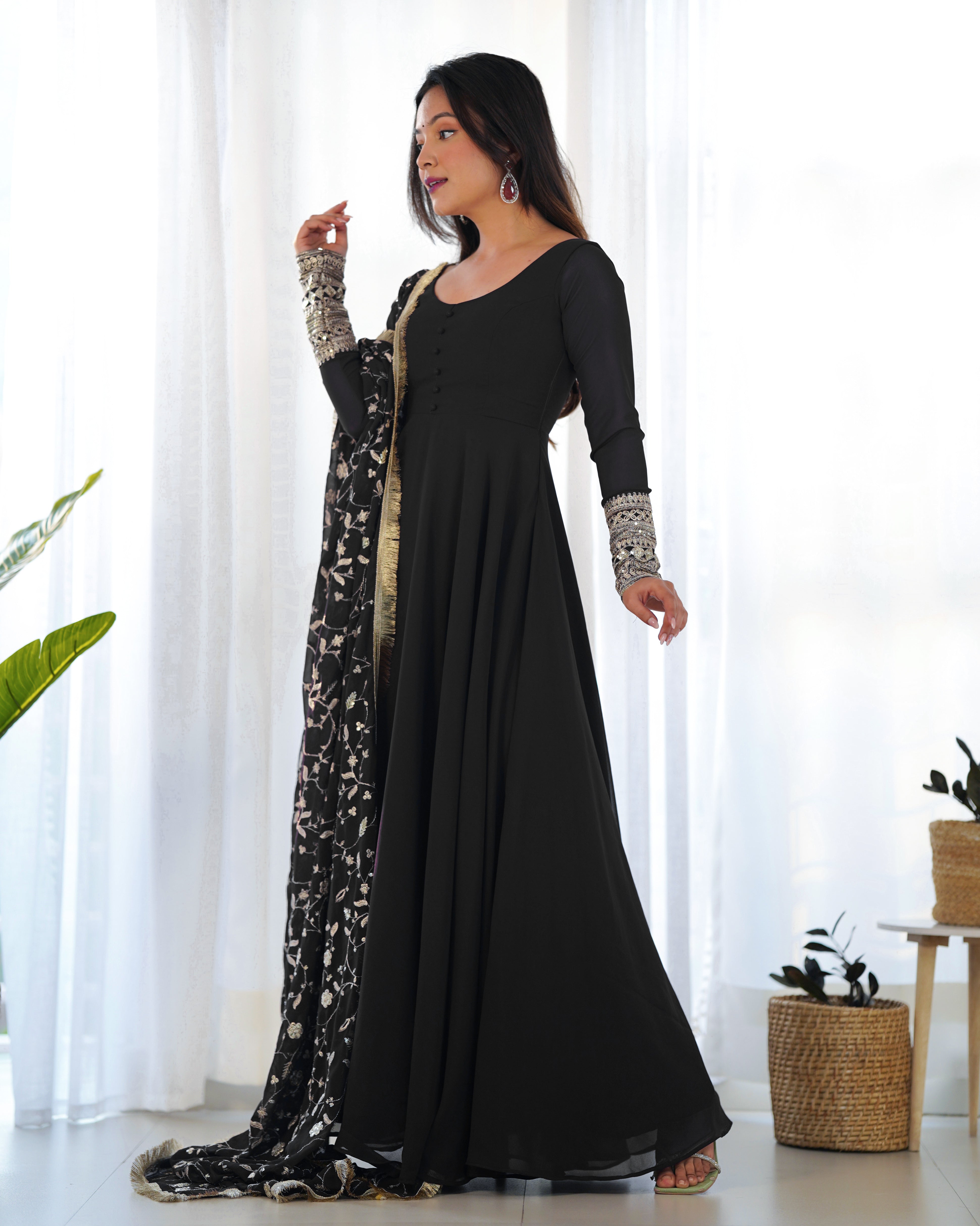 Colorful & Fresh Black Georgette Anarkali Gown with Dupatta & Pant Set