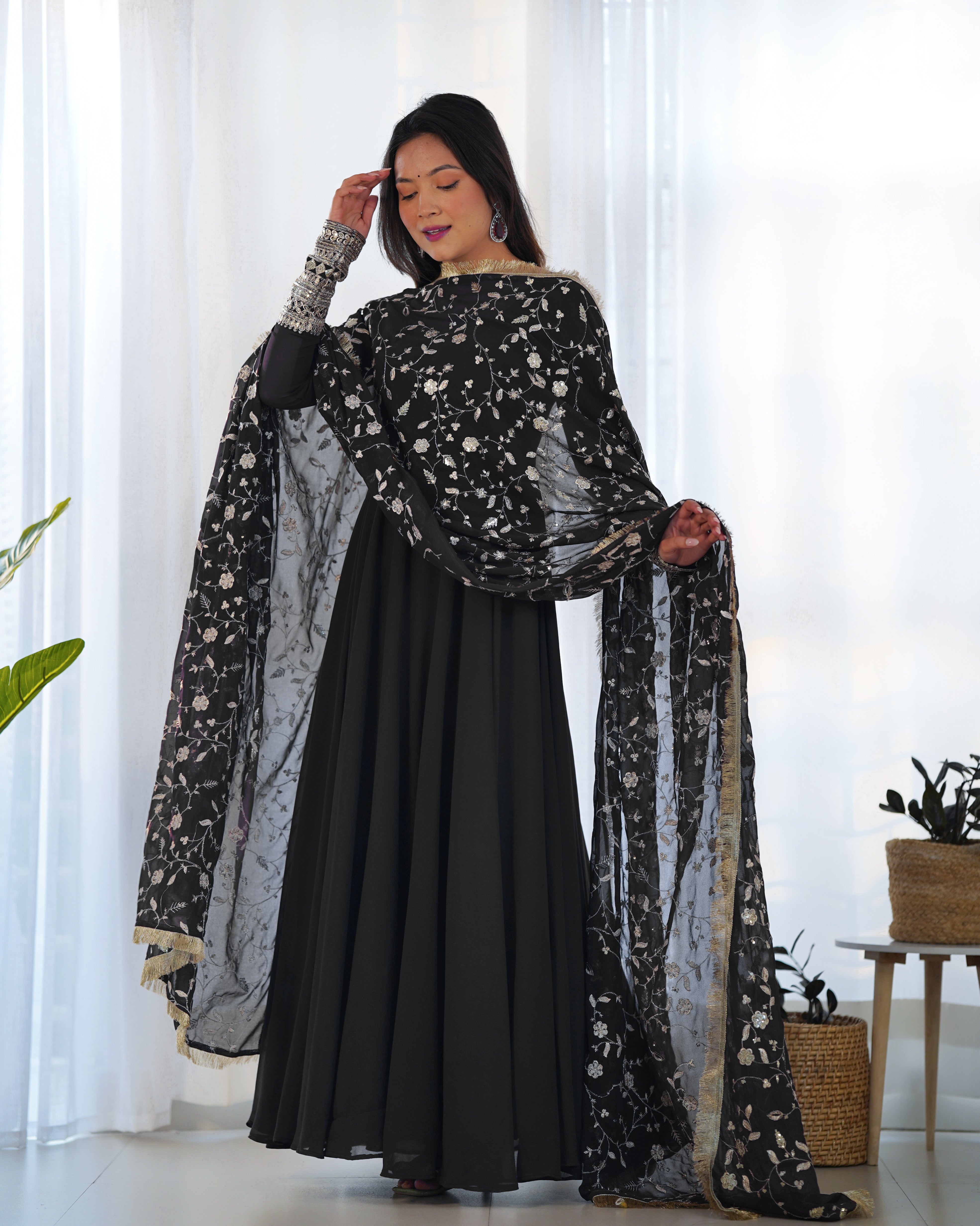 Colorful & Fresh Black Georgette Anarkali Gown with Dupatta & Pant Set