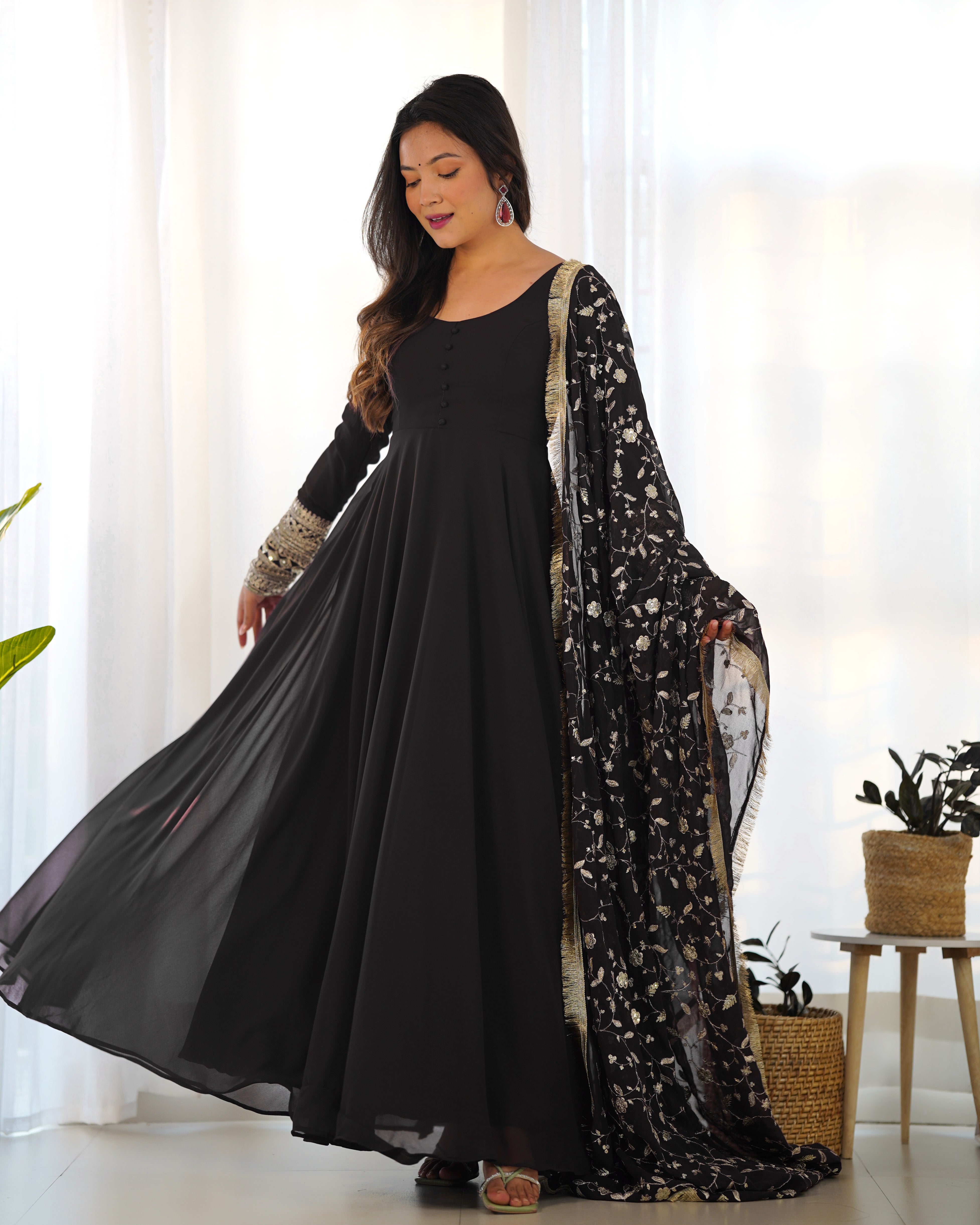 Colorful & Fresh Black Georgette Anarkali Gown with Dupatta & Pant Set