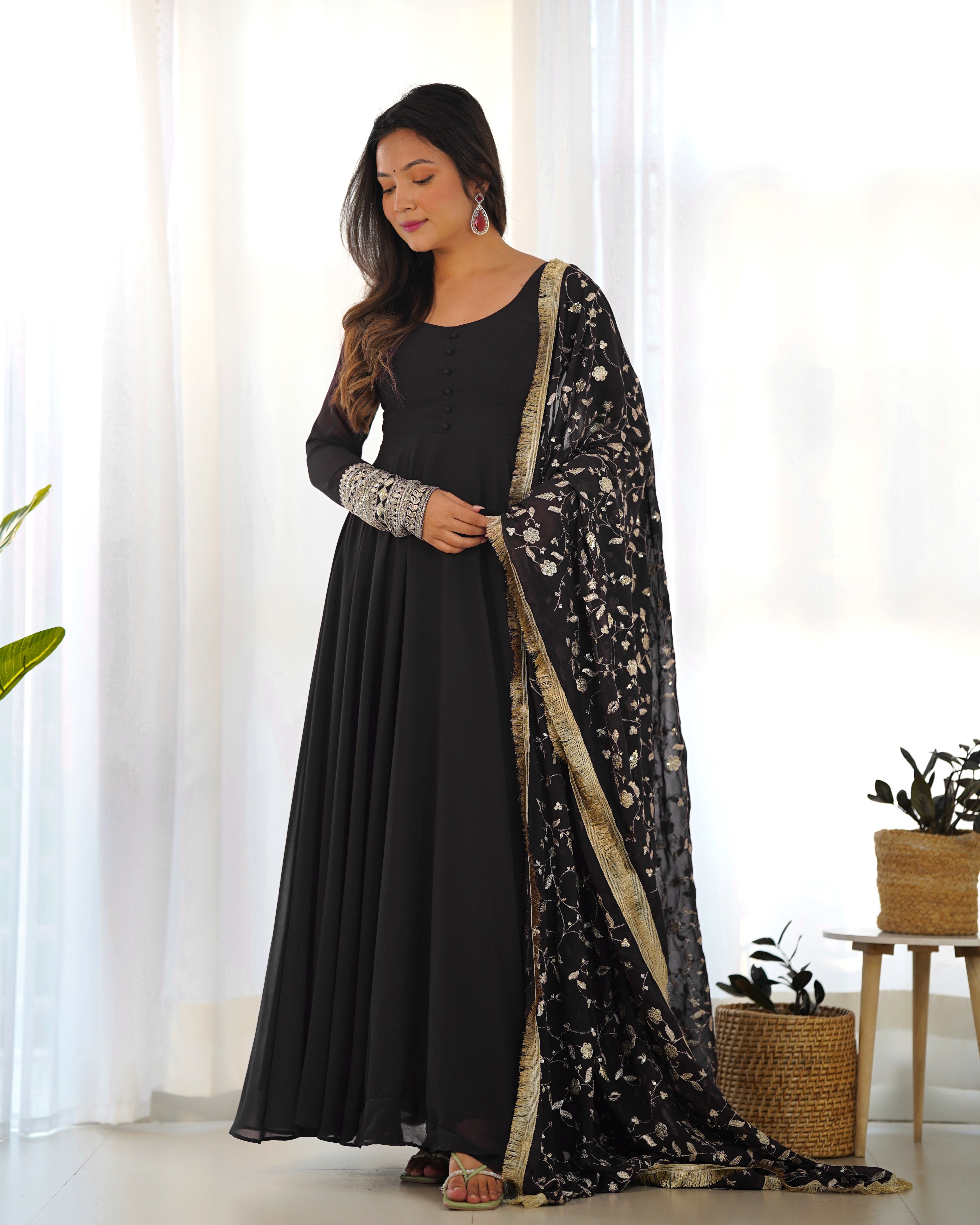 Colorful & Fresh Black Georgette Anarkali Gown with Dupatta & Pant Set