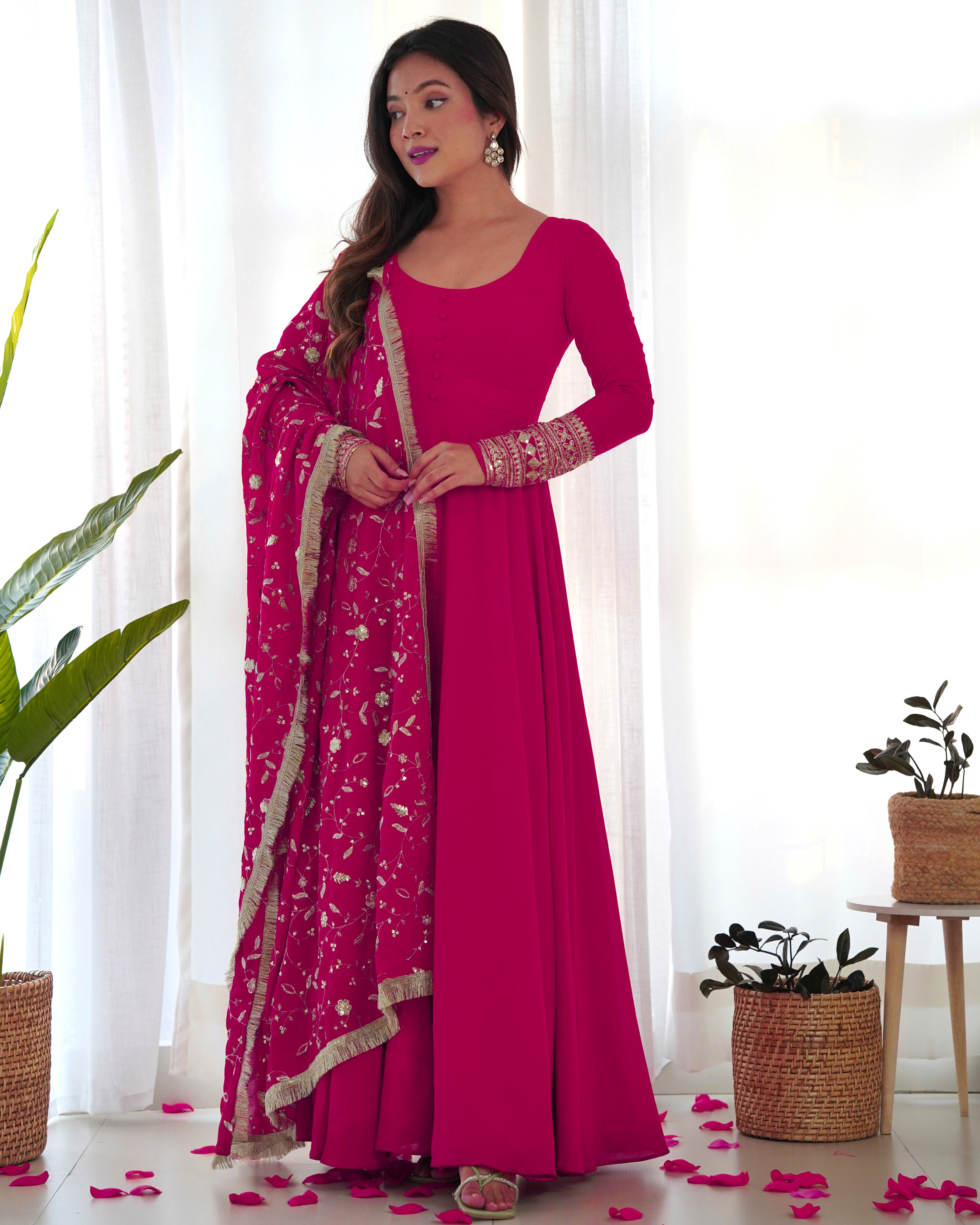 Colorful & Fresh Pink Georgette Anarkali Gown with Dupatta & Pant Set