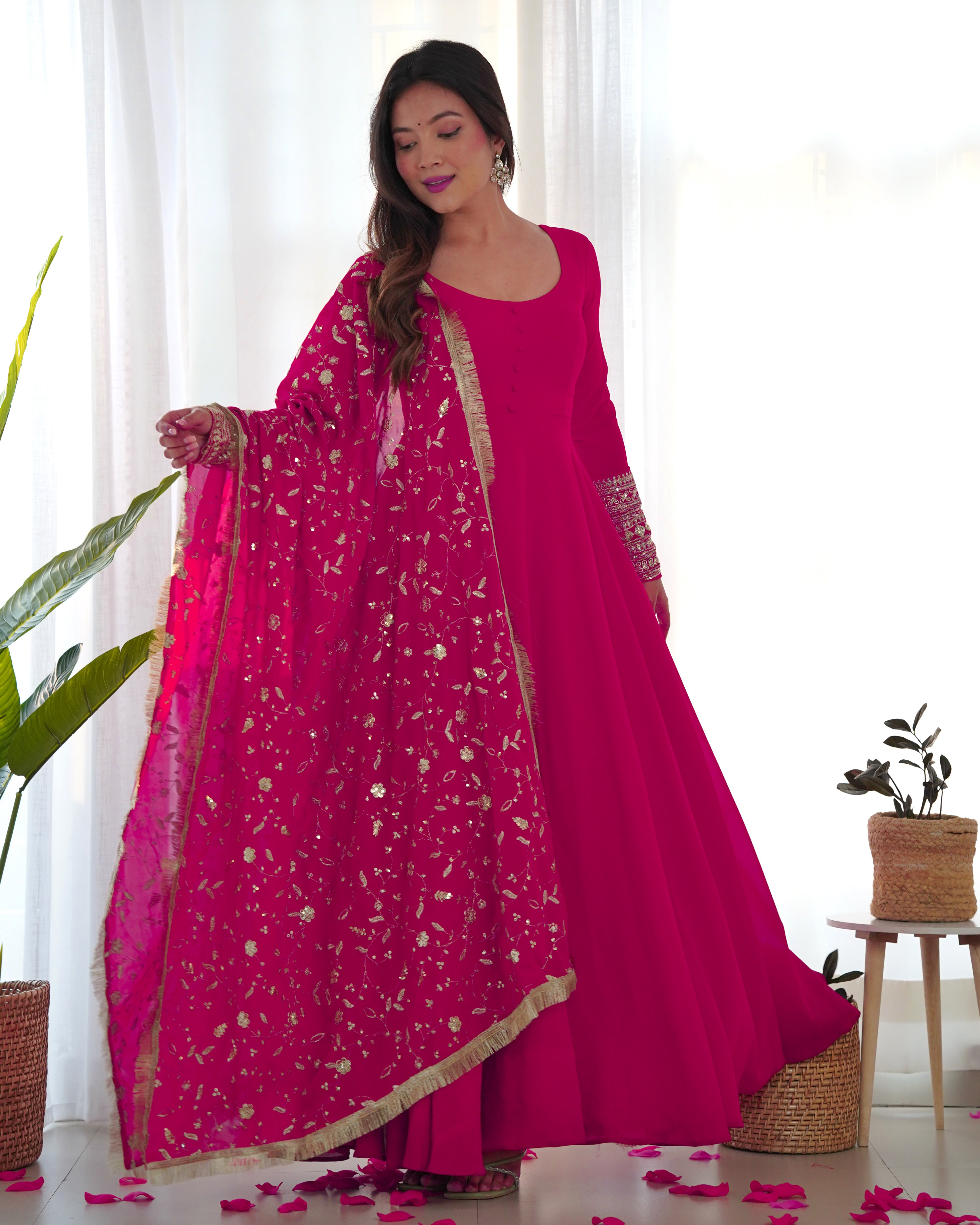Colorful & Fresh Pink Georgette Anarkali Gown with Dupatta & Pant Set