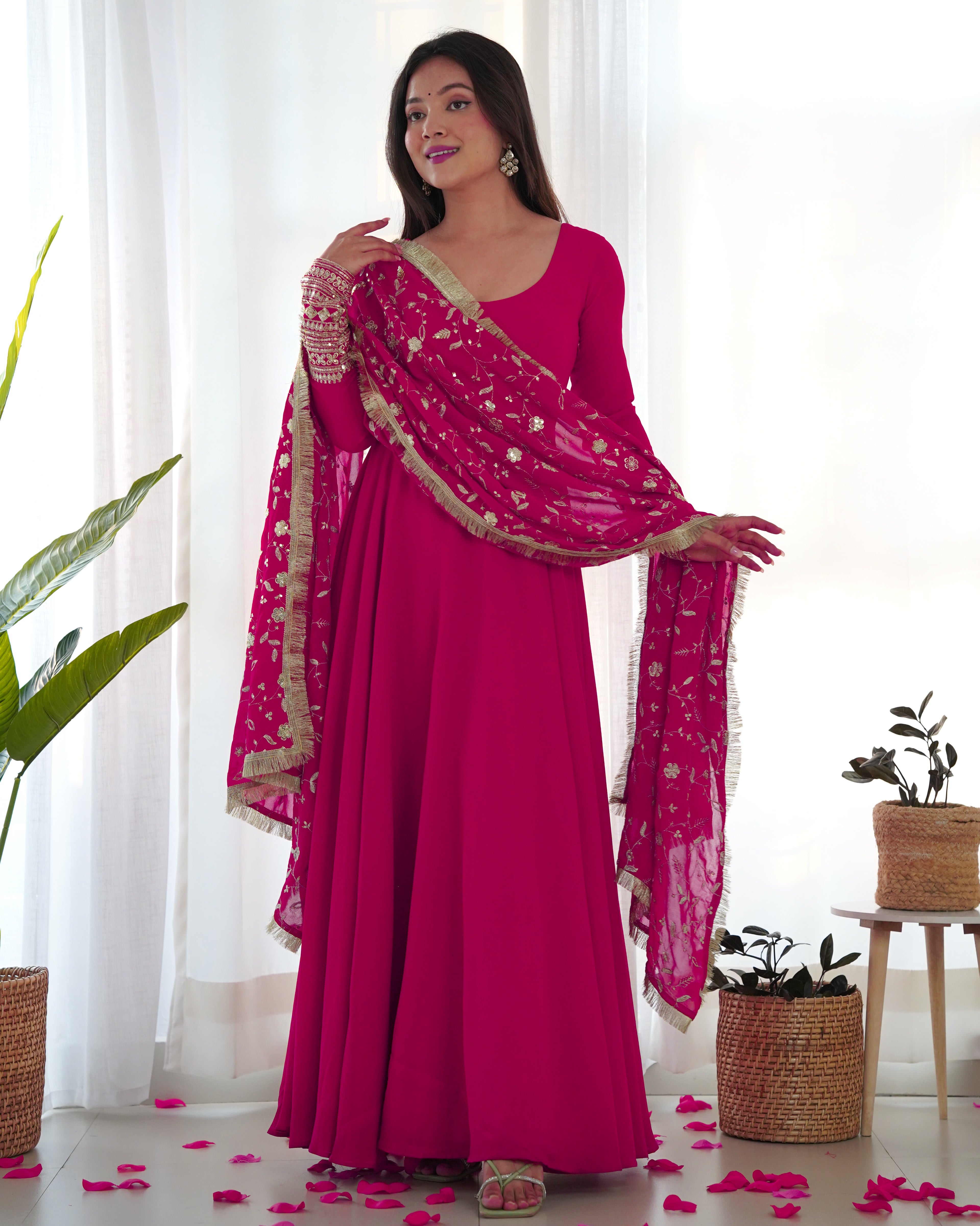 Colorful & Fresh Pink Georgette Anarkali Gown with Dupatta & Pant Set