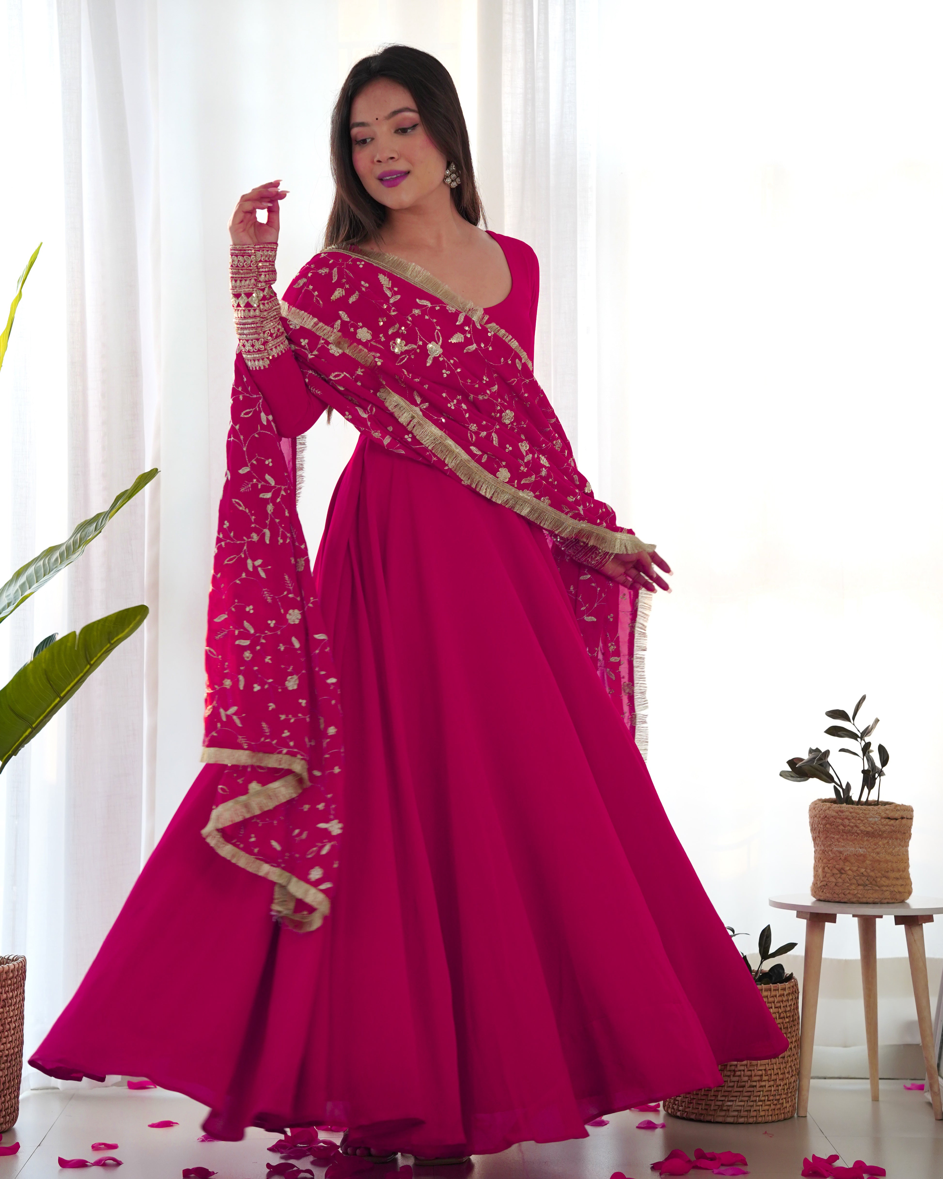 Colorful & Fresh Pink Georgette Anarkali Gown with Dupatta & Pant Set