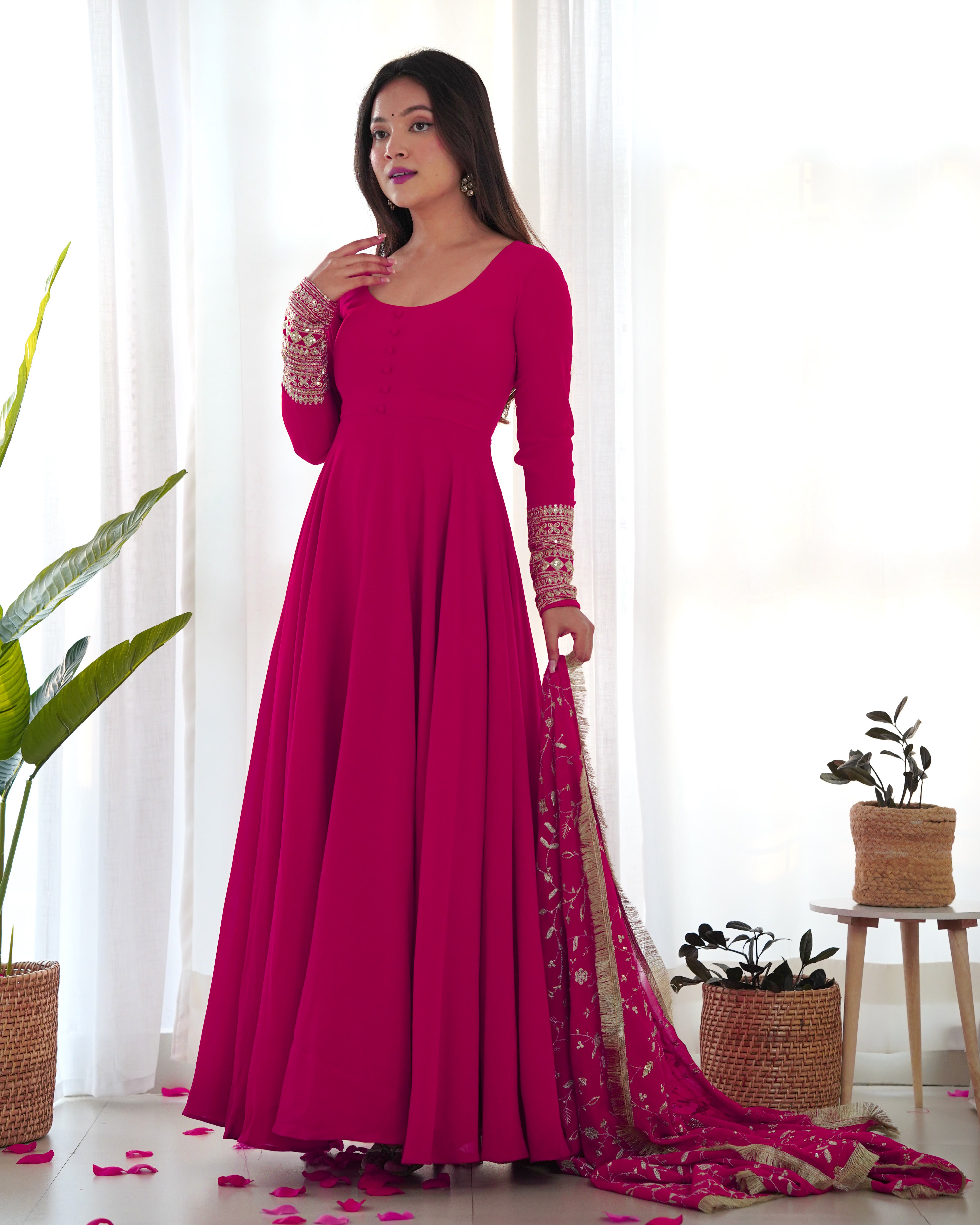 Colorful & Fresh Pink Georgette Anarkali Gown with Dupatta & Pant Set