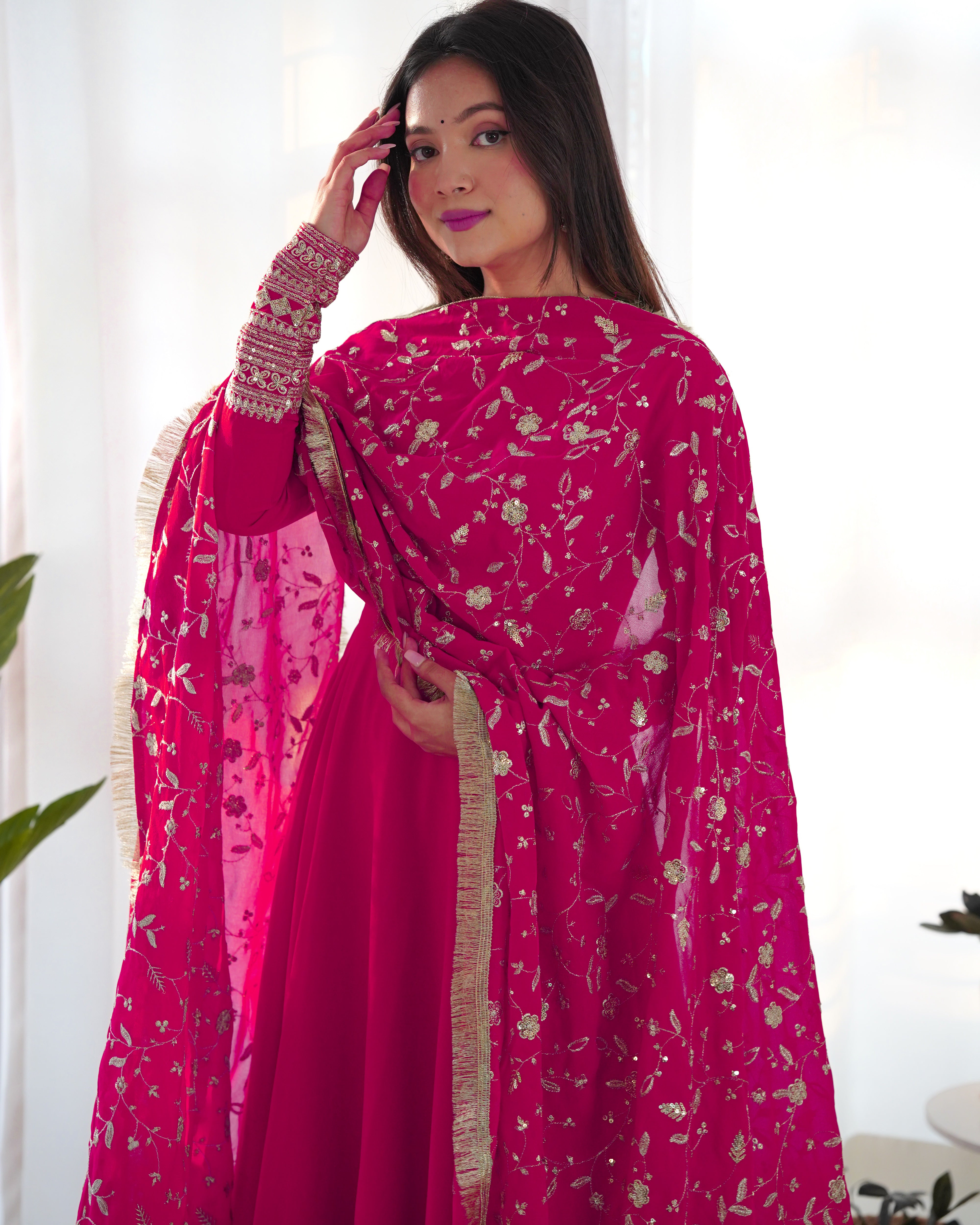 Colorful & Fresh Pink Georgette Anarkali Gown with Dupatta & Pant Set