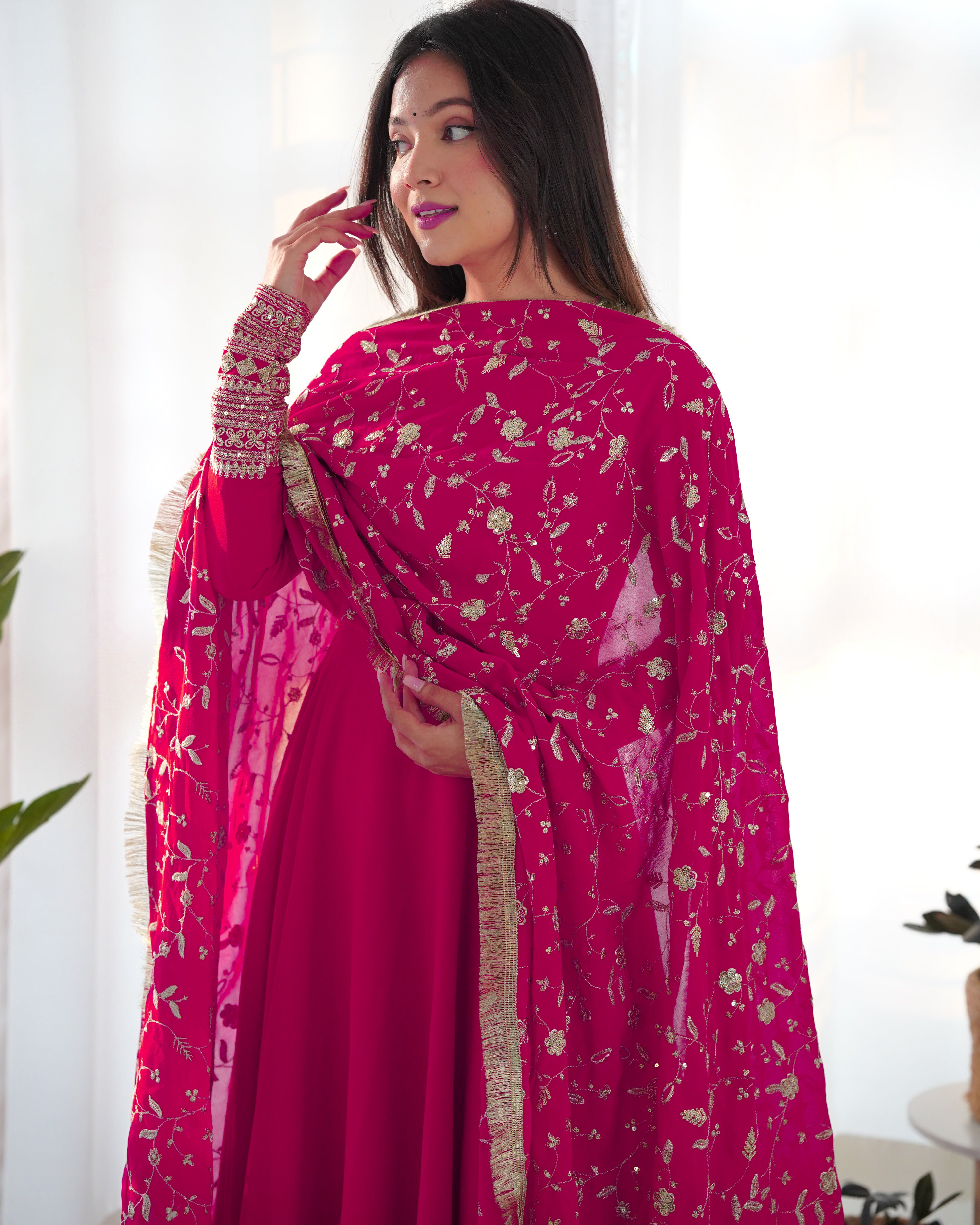 Colorful & Fresh Pink Georgette Anarkali Gown with Dupatta & Pant Set