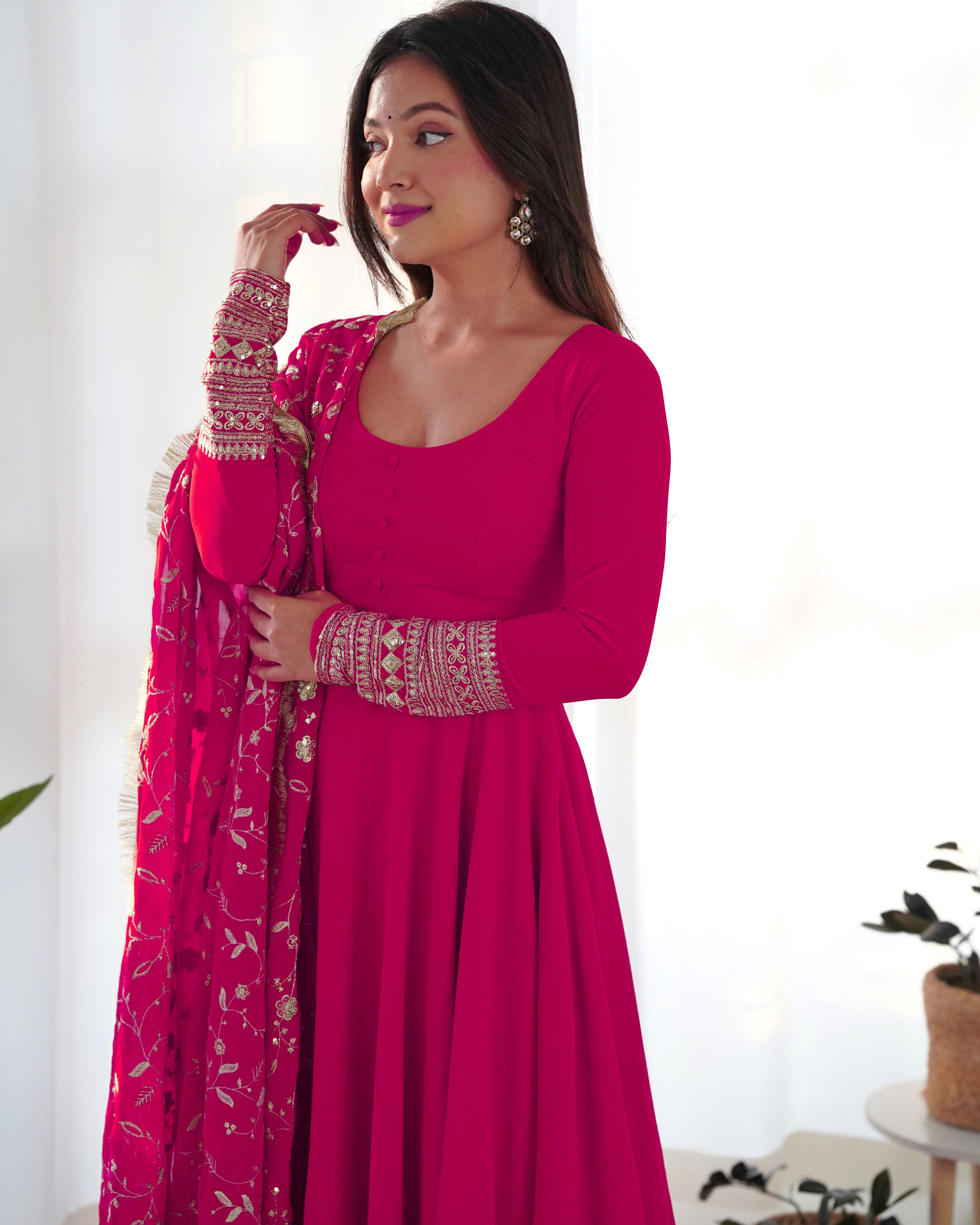 Colorful & Fresh Pink Georgette Anarkali Gown with Dupatta & Pant Set