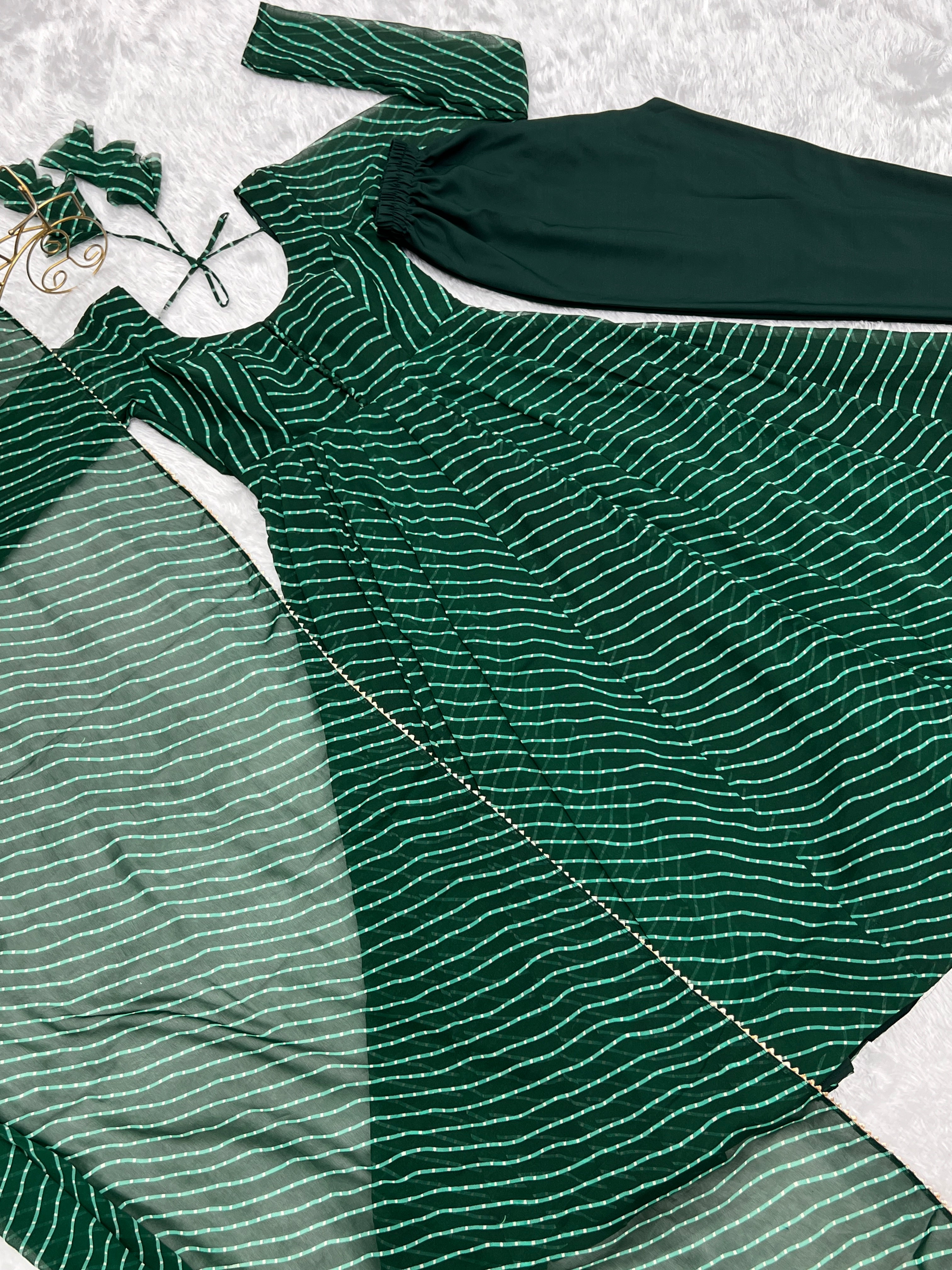 Georgette Leheriya Pattern Green Stitched Anarkali Gown Kurta With Duppta Set