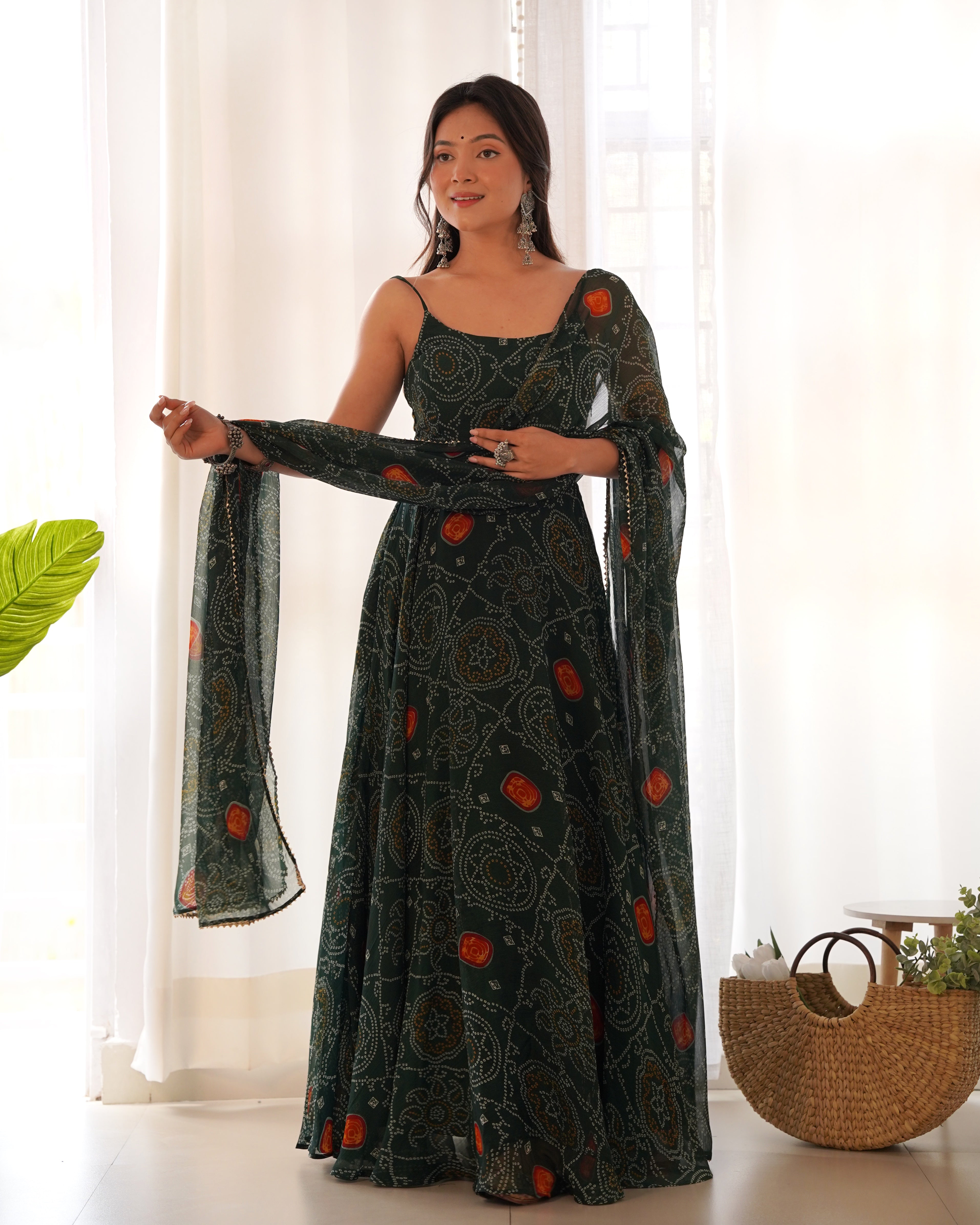 New Designer Pure Soft Green Lightweight Chiffon Bandhej Flair Gown,duppta Pent Set