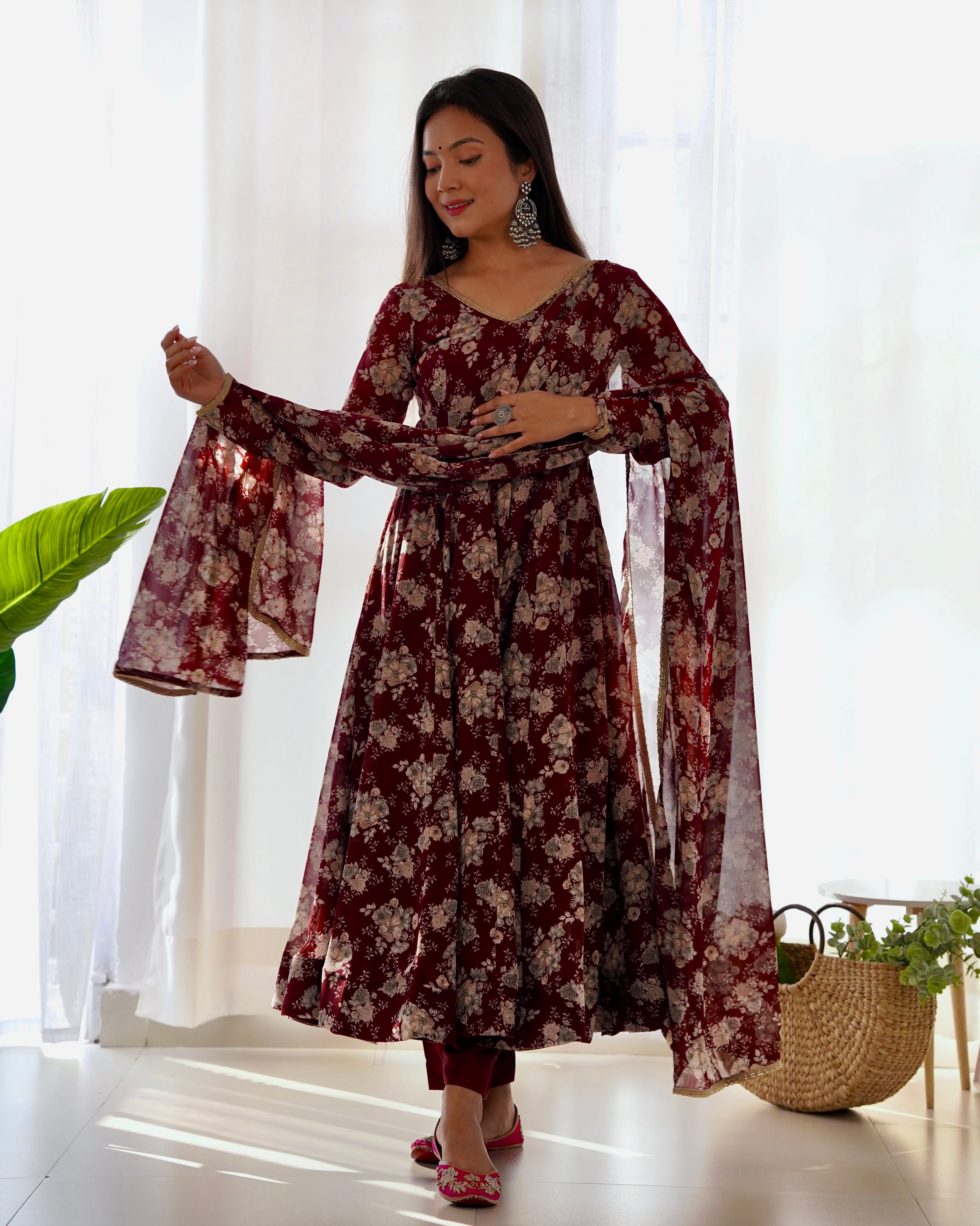 Georgette Stitched Maroon Anarkali Gown With Duppta Set