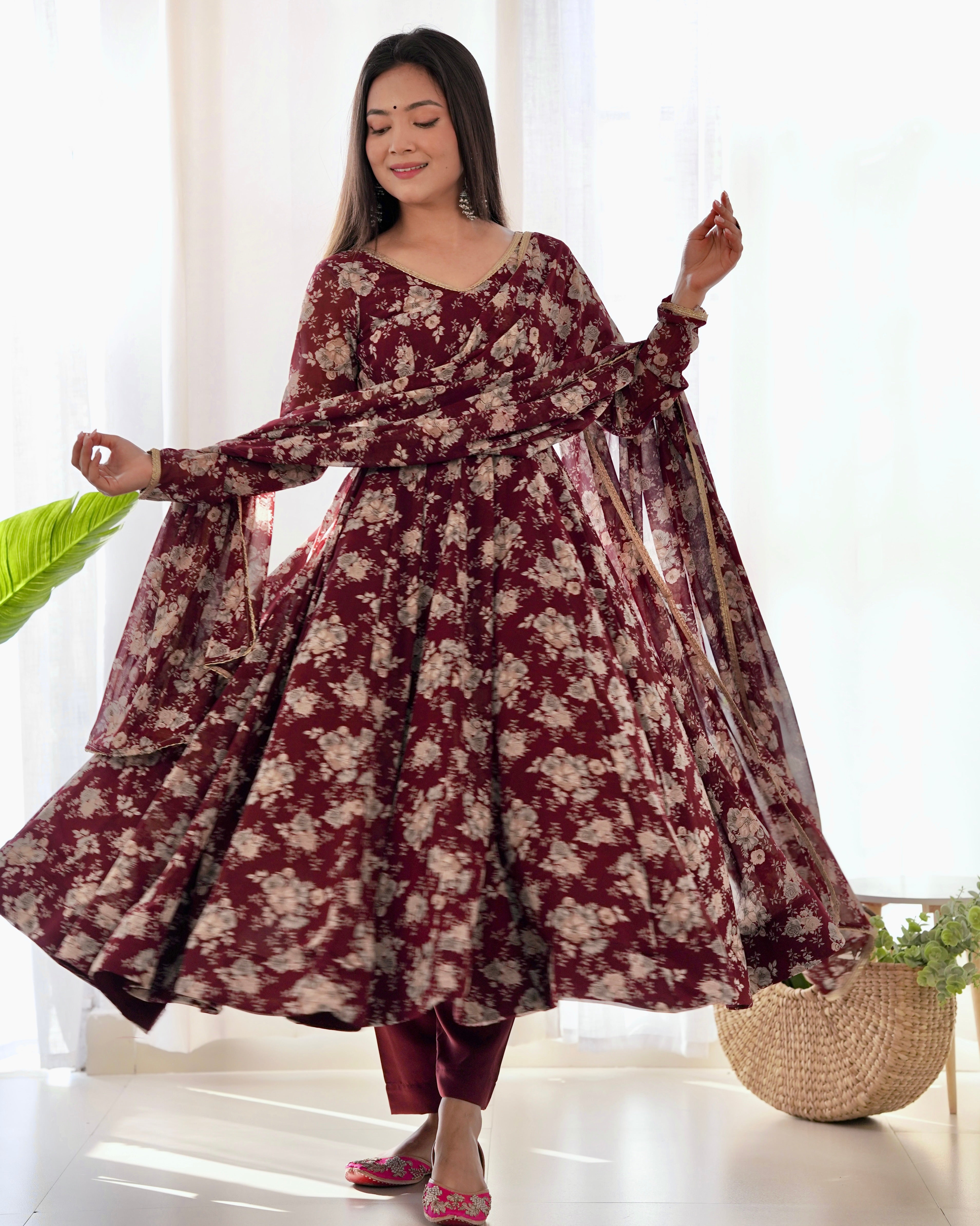 Laheriya Print Pure Maroon Georgette Multi-Floral Fully Flair Anarkali with Dupatta & Pant Set