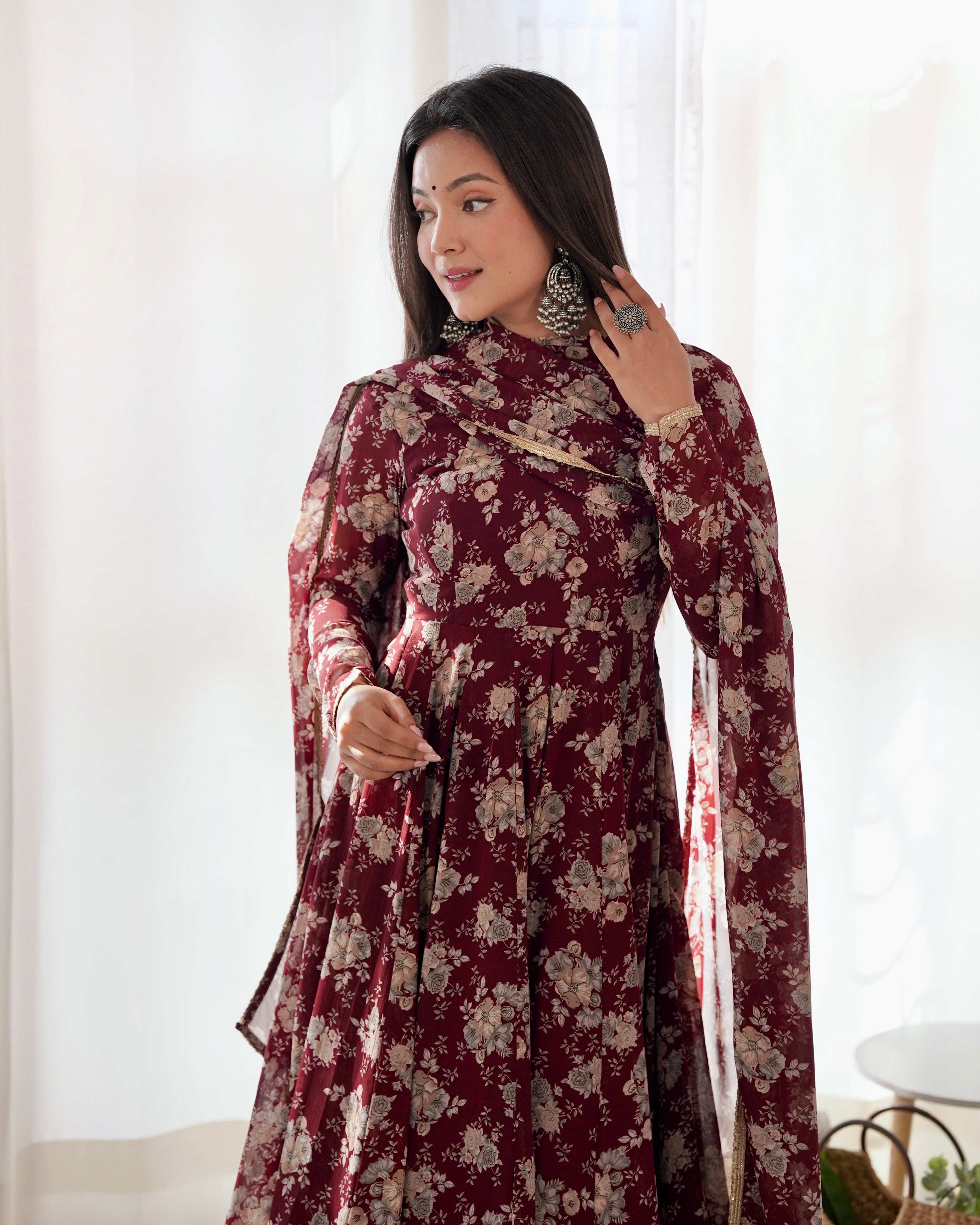 Georgette Stitched Maroon Anarkali Gown With Duppta Set